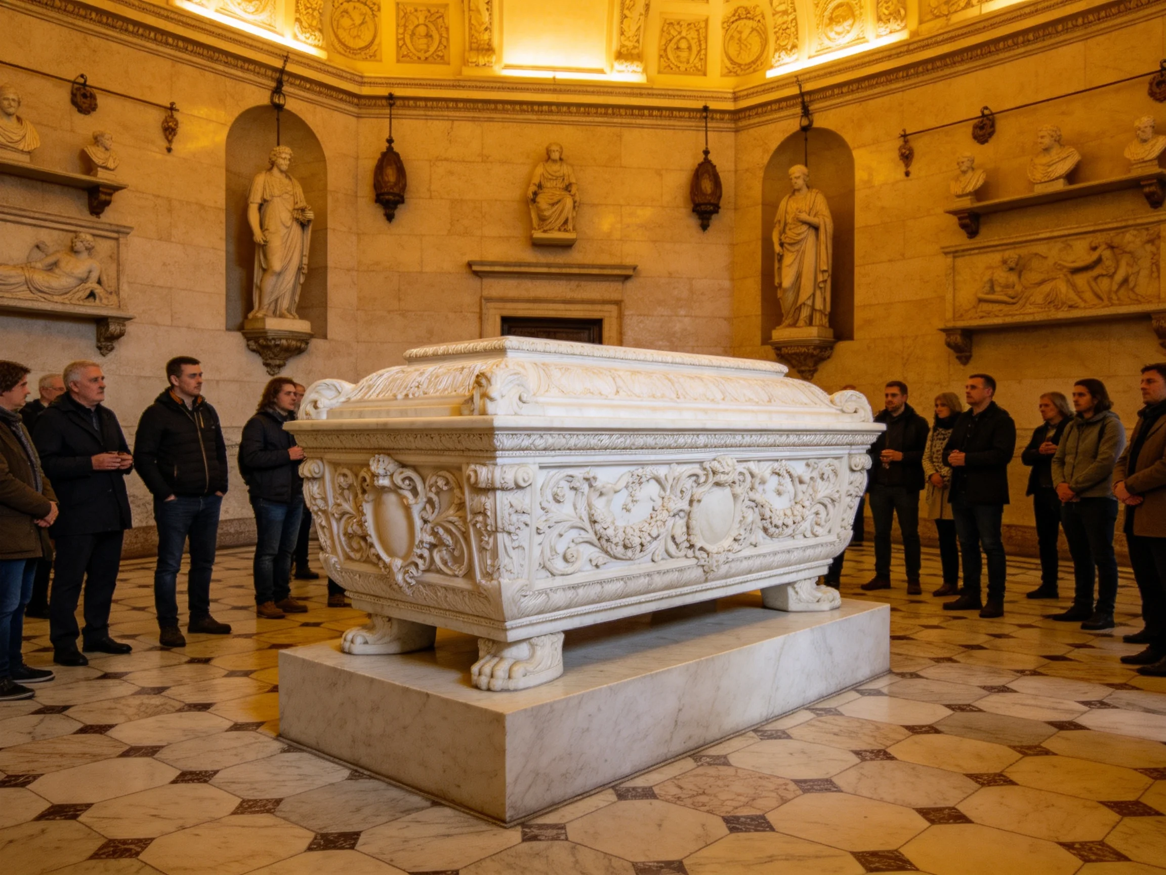 An Ornate Historical Hall with a Large White Marble Sarcophagus