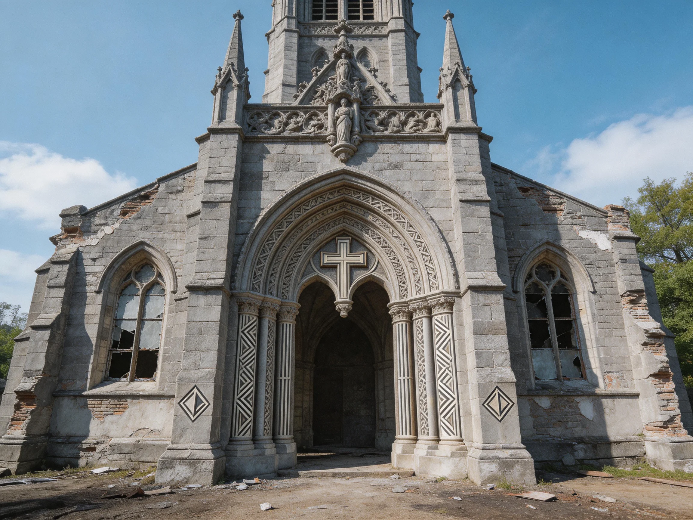An abandoned Gothic gray stone church with broken windows