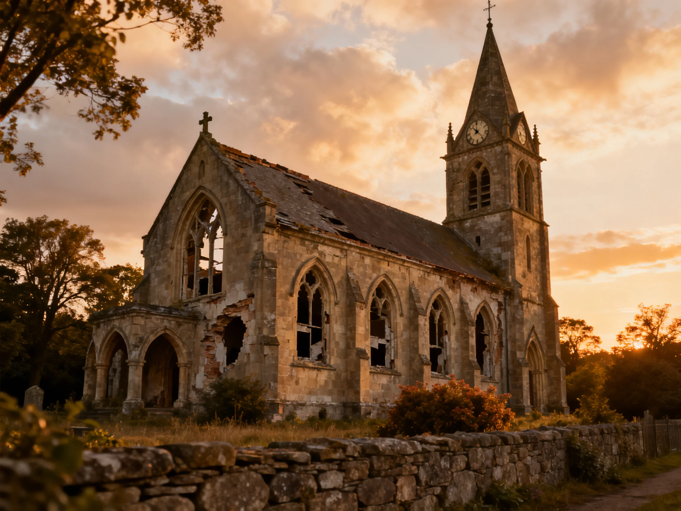 An abandoned Gothic stone church illuminated by golden sunset hues