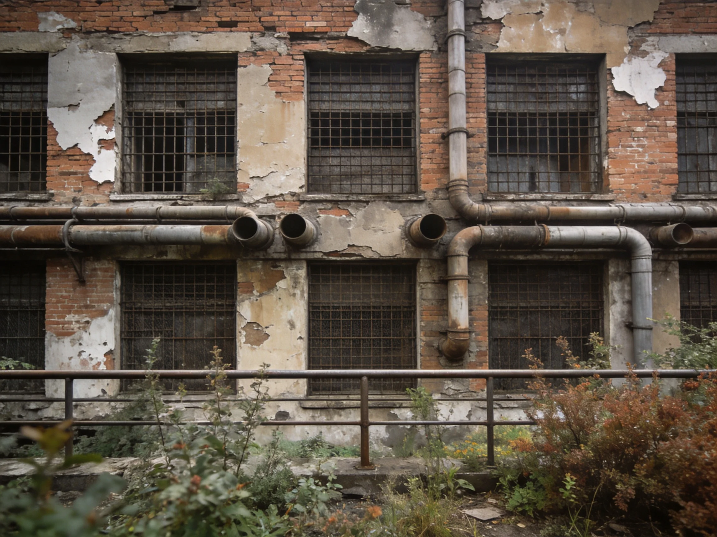 An abandoned brick building with rusted pipes and peeling walls