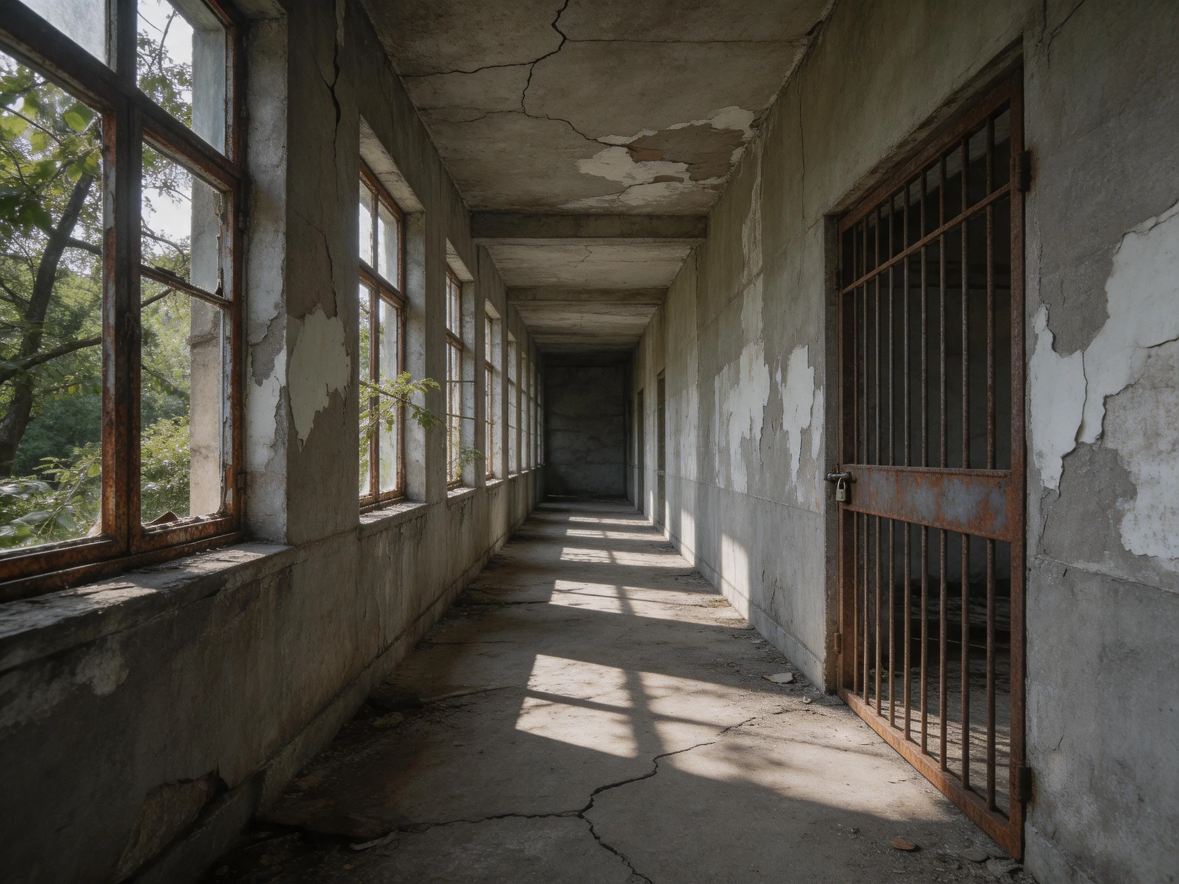 An abandoned corridor with peeling concrete walls and iron-barred doors