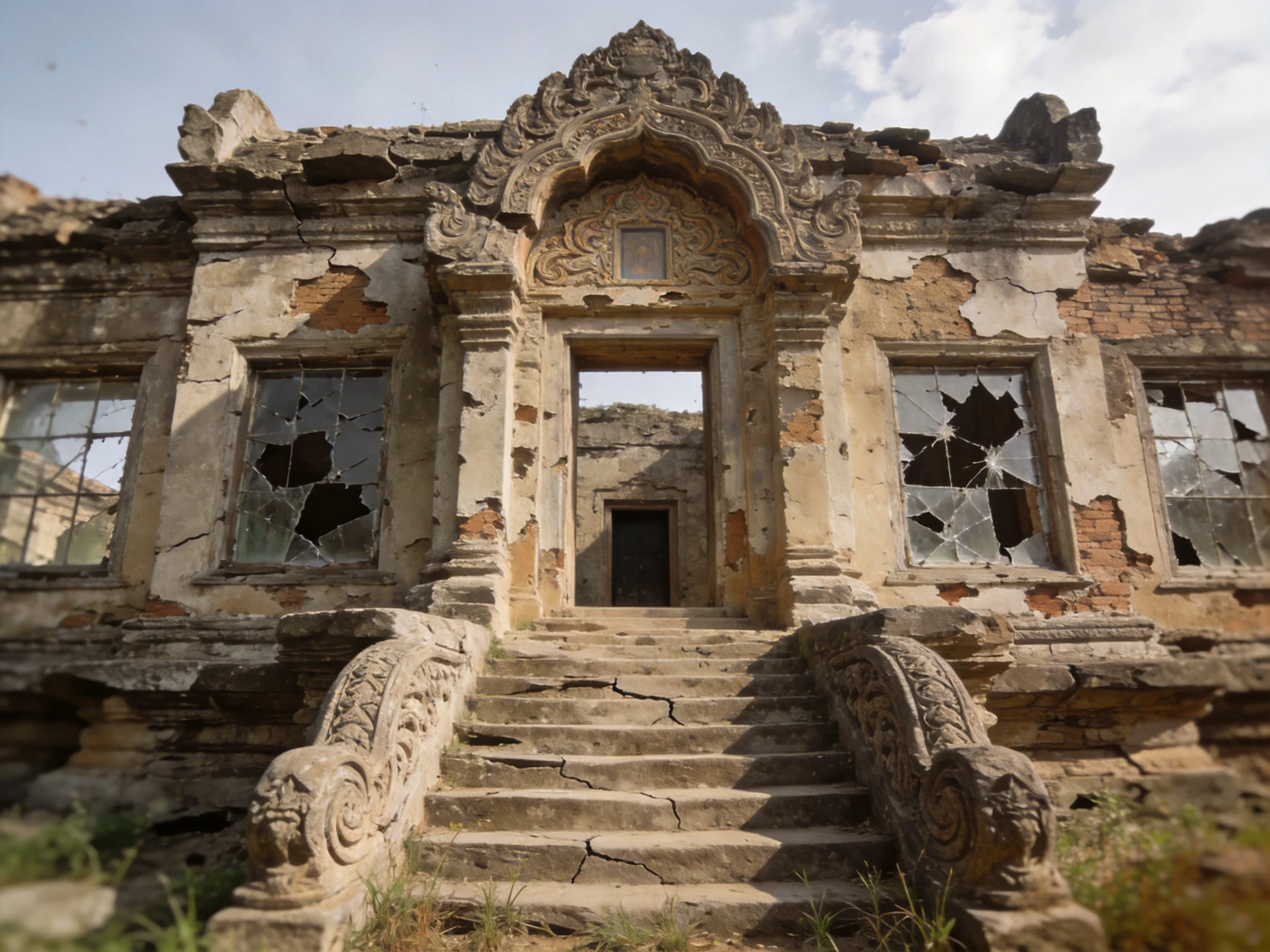 An abandoned historic building with broken windows and stone staircase