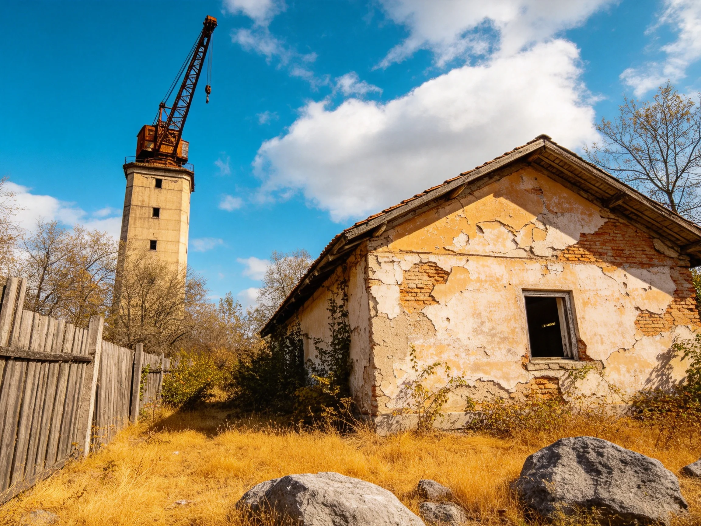 An abandoned house with peeling paint near a tall industrial crane tower under bright blue skies