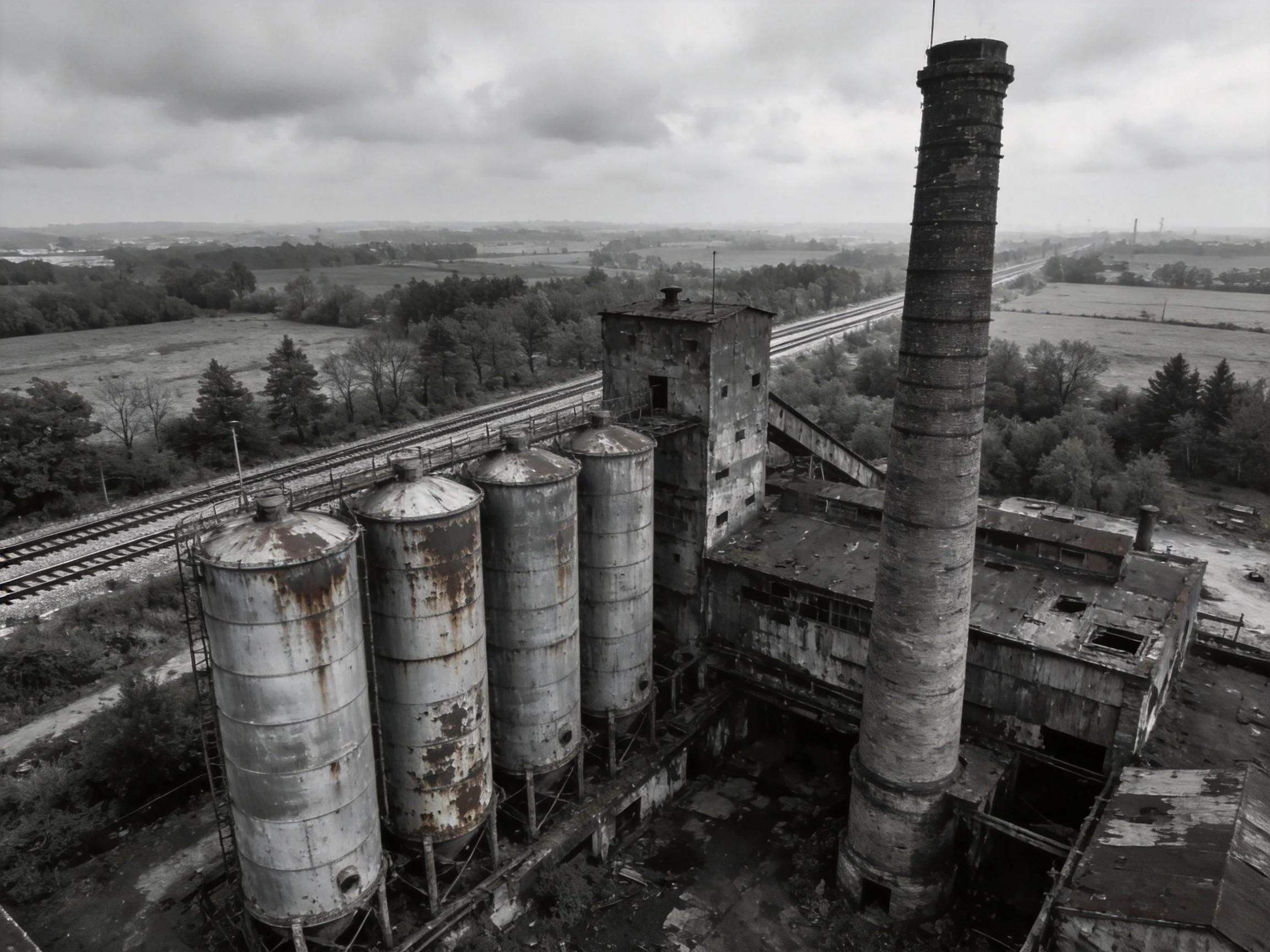 An abandoned industrial complex with four silos and a tall chimney
