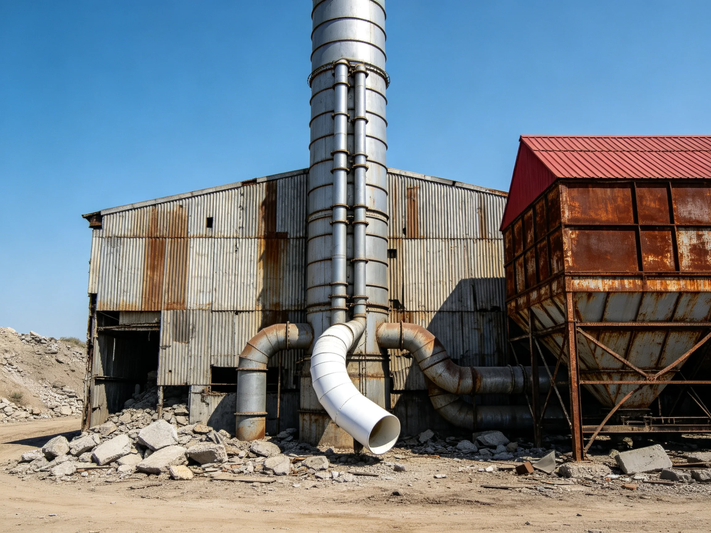 An abandoned industrial site with rusted buildings and large metallic pipes