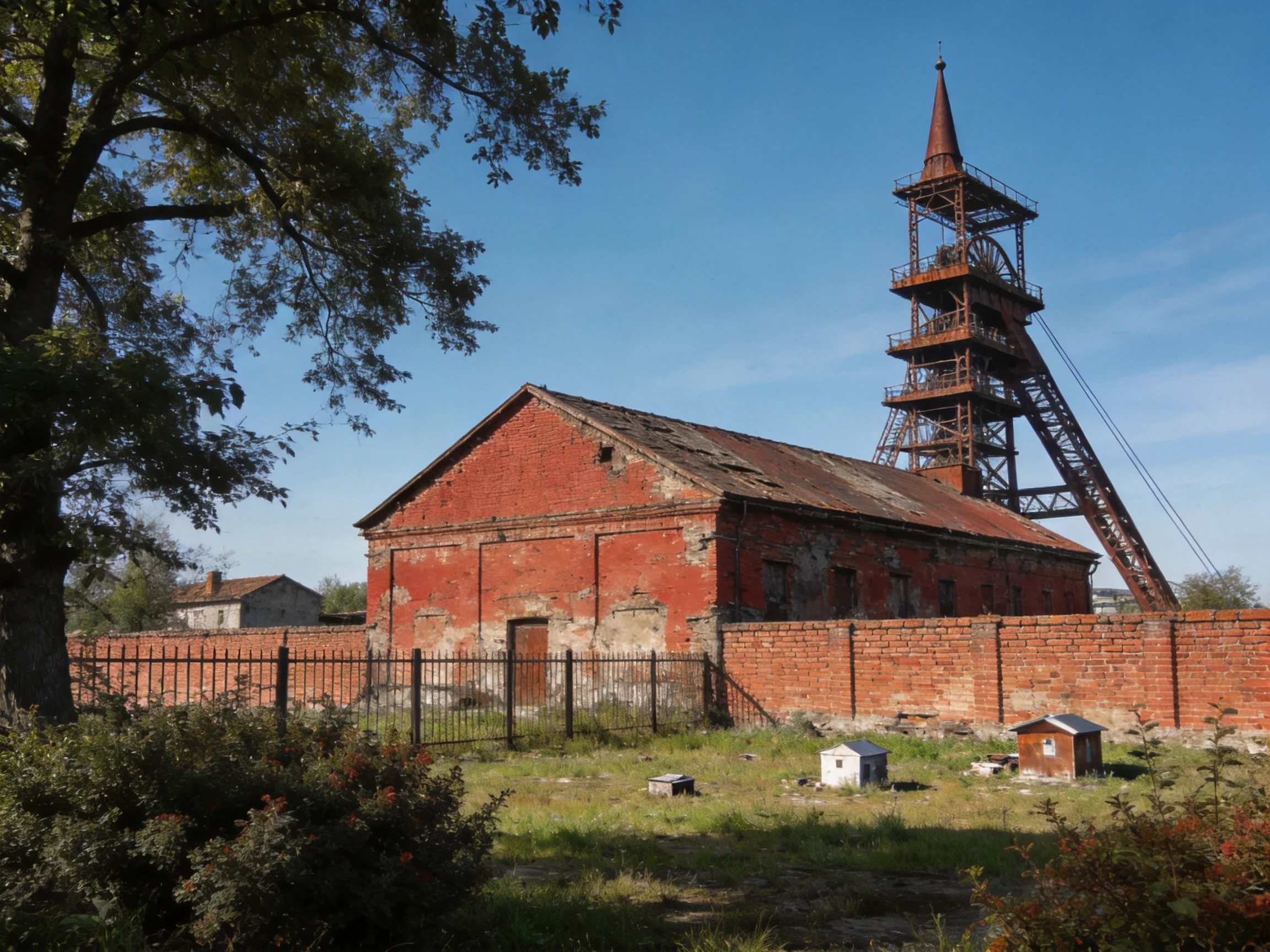 An abandoned red-brick mine building with a rusted industrial tower