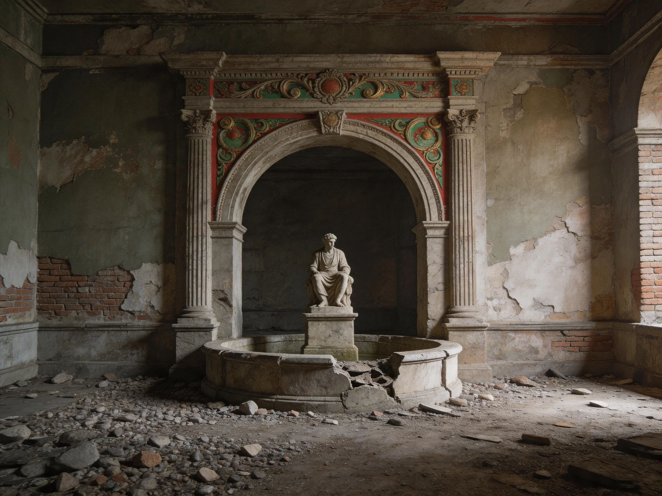 An abandoned room with a stone statue, ornate archway, and crumbling walls
