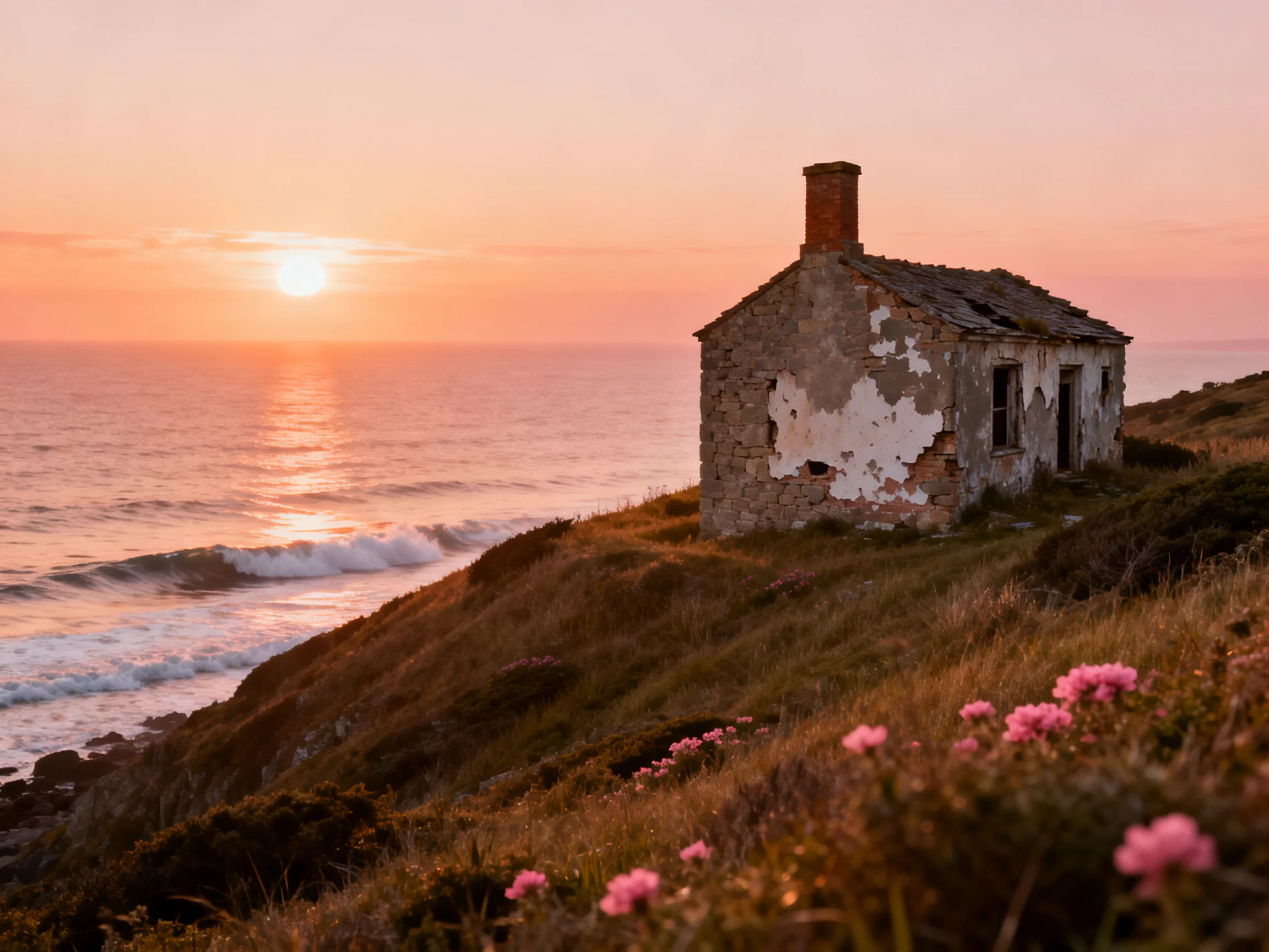 An abandoned stone cottage overlooks the ocean at sunset