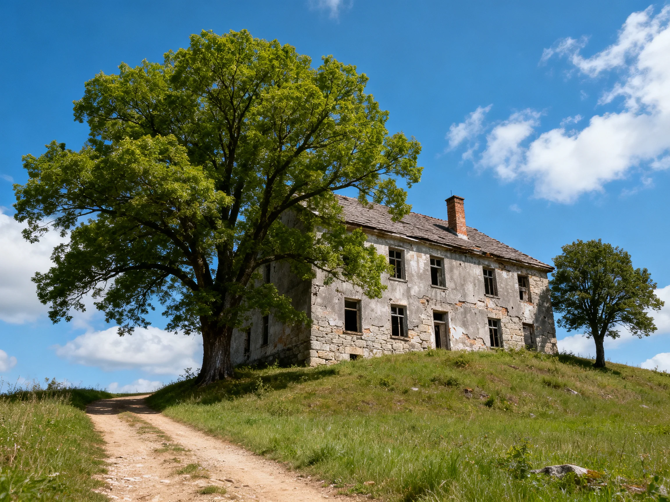 An abandoned stone house beside a large green tree on a grassy hill