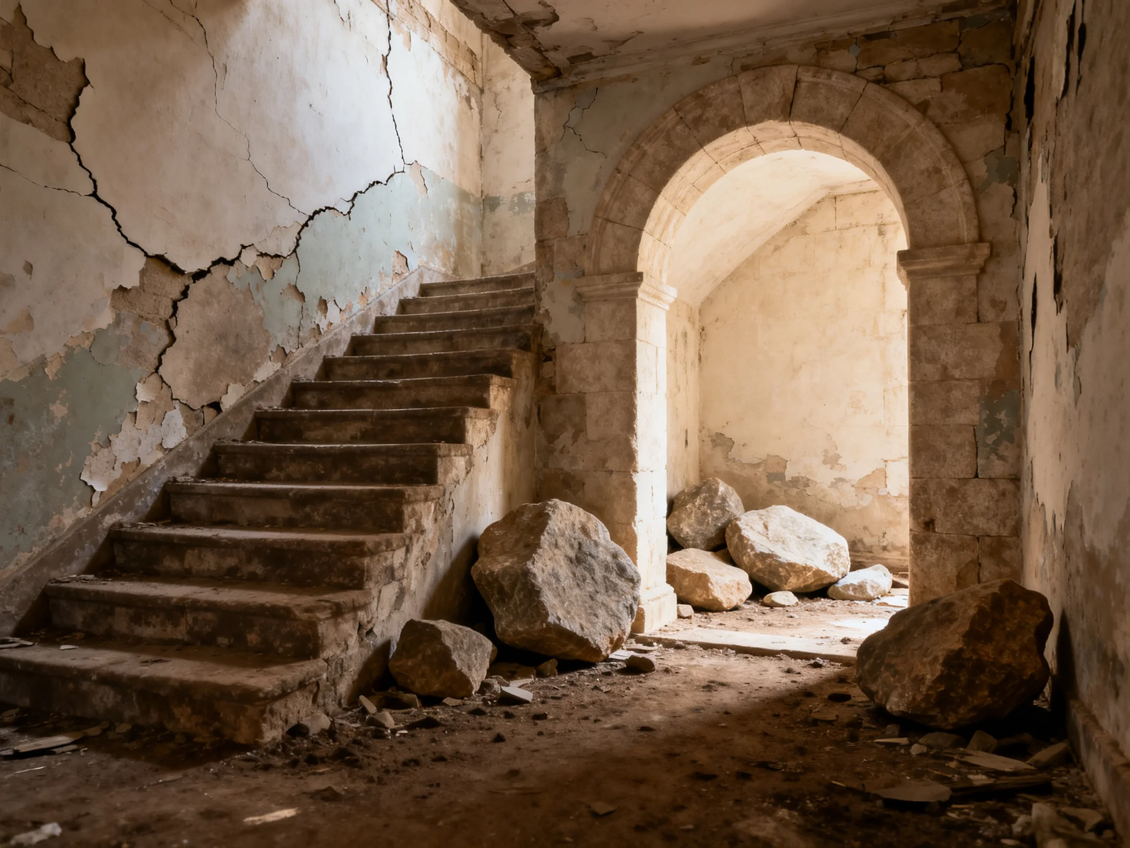 An abandoned stone structure with crumbling walls and scattered boulders