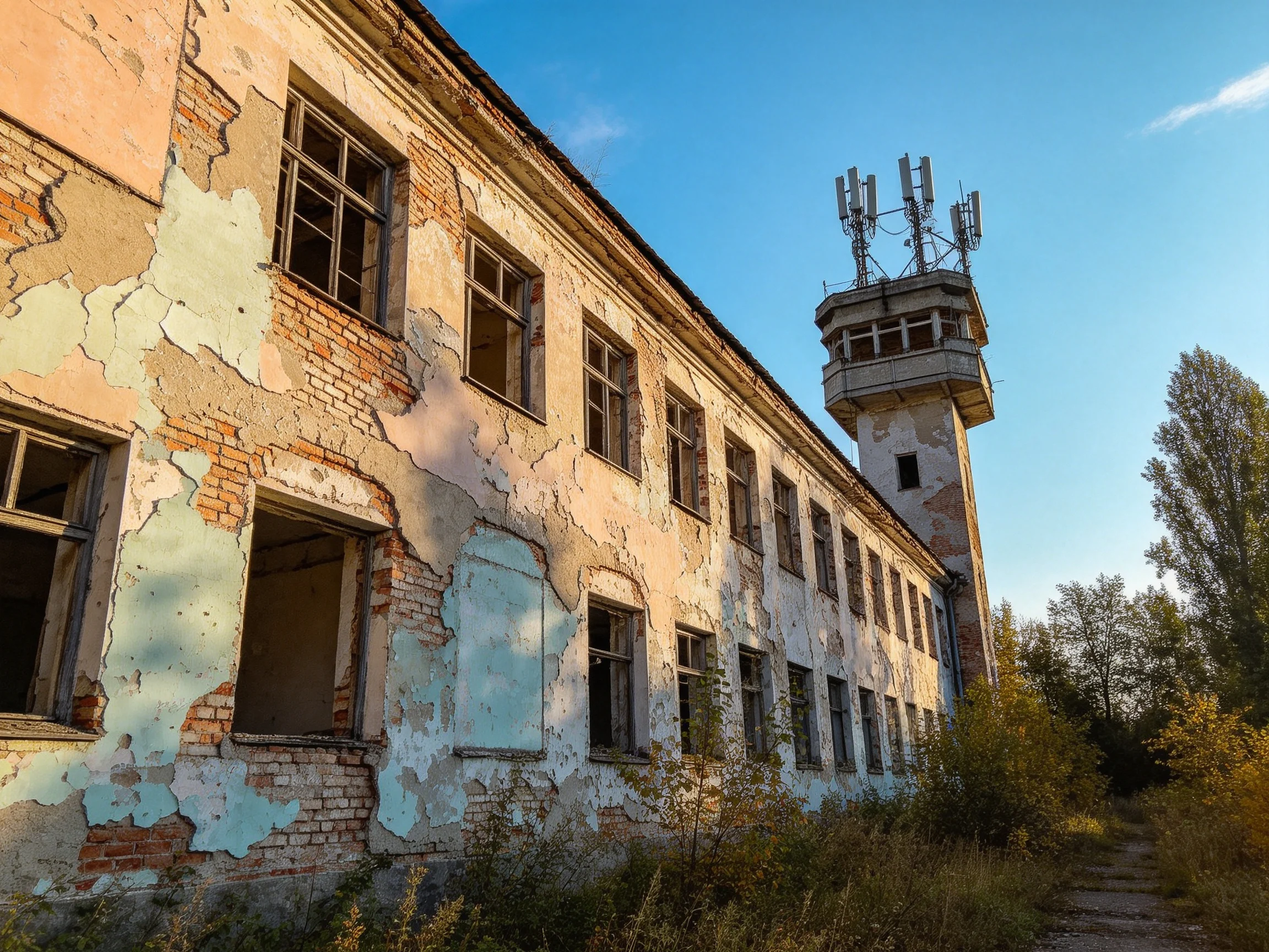 An abandoned two - story brick building with peeling paint and a communication tower