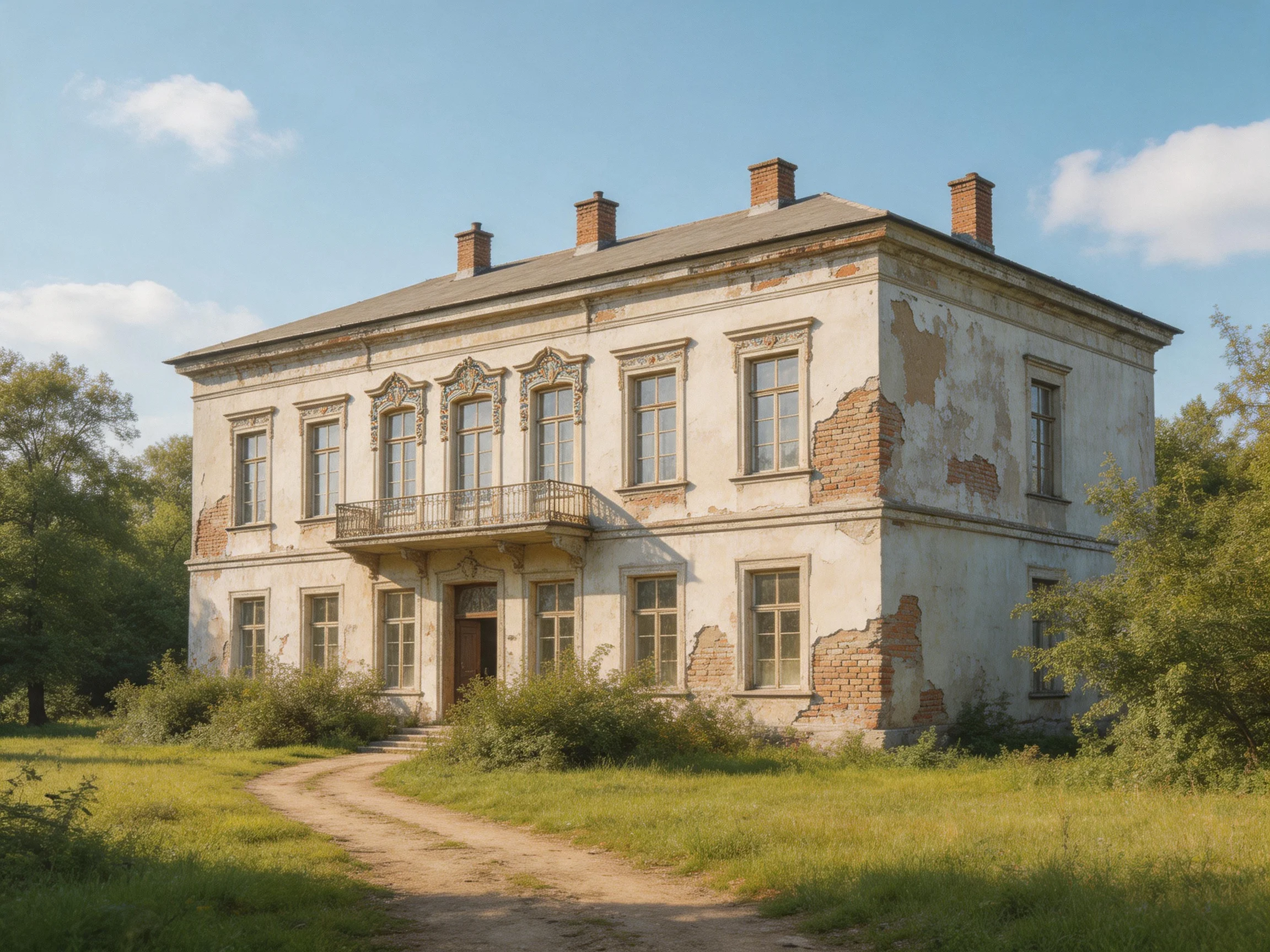 An abandoned two-story mansion with peeling paint near overgrown vegetation