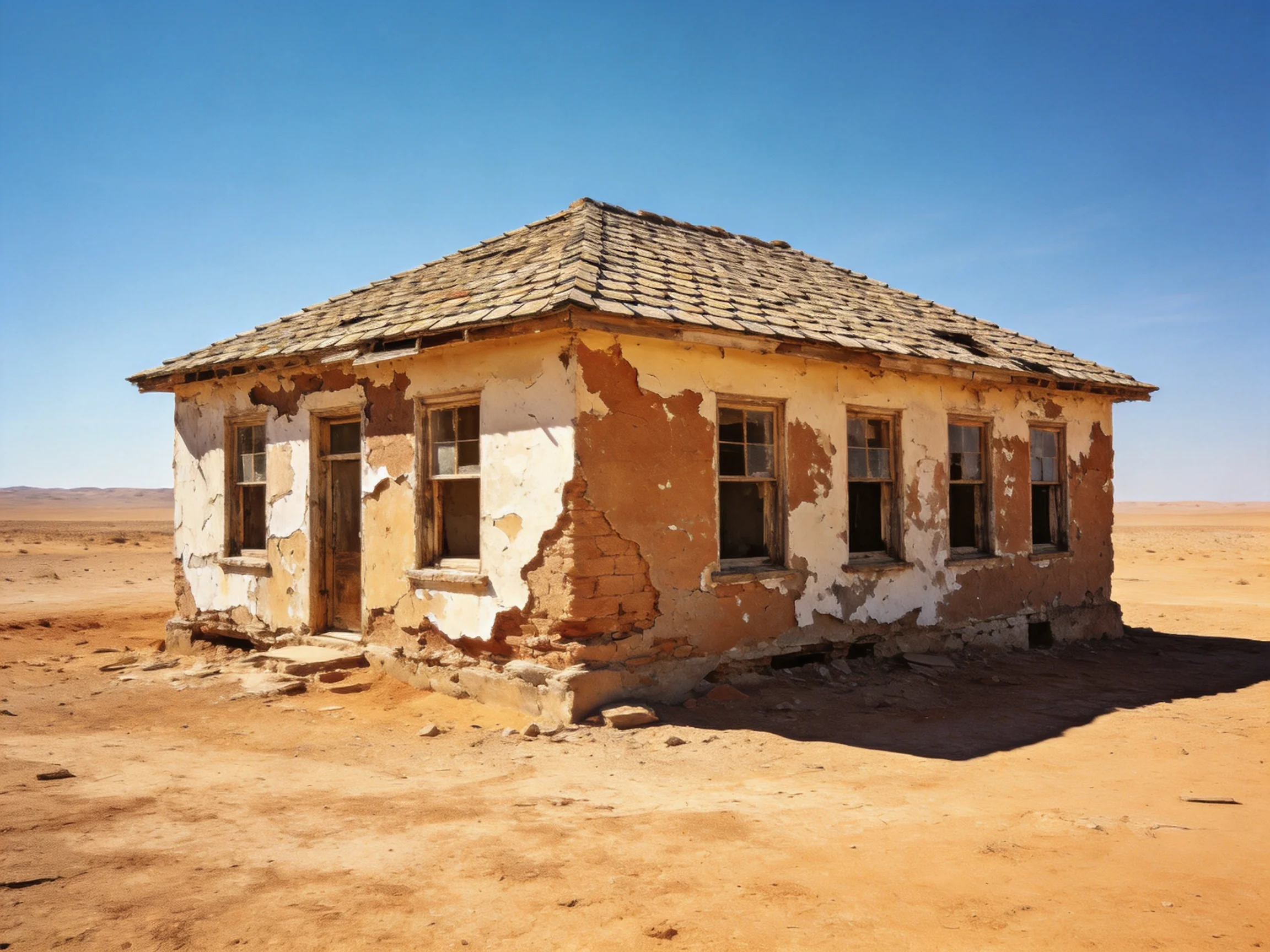 An abandoned weathered house stands alone in a vast sandy desert