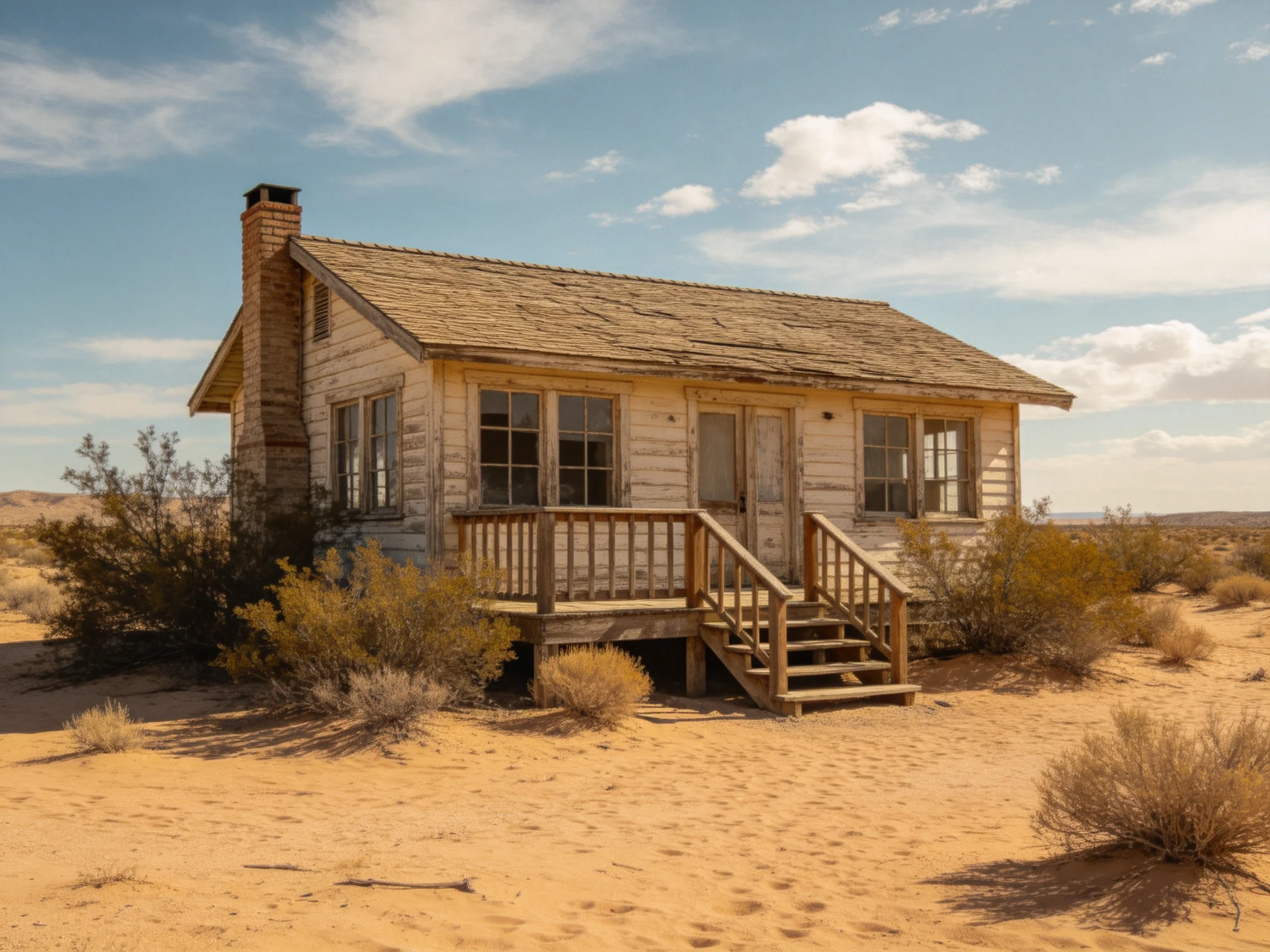 An abandoned wooden house in a vast sandy desert landscape