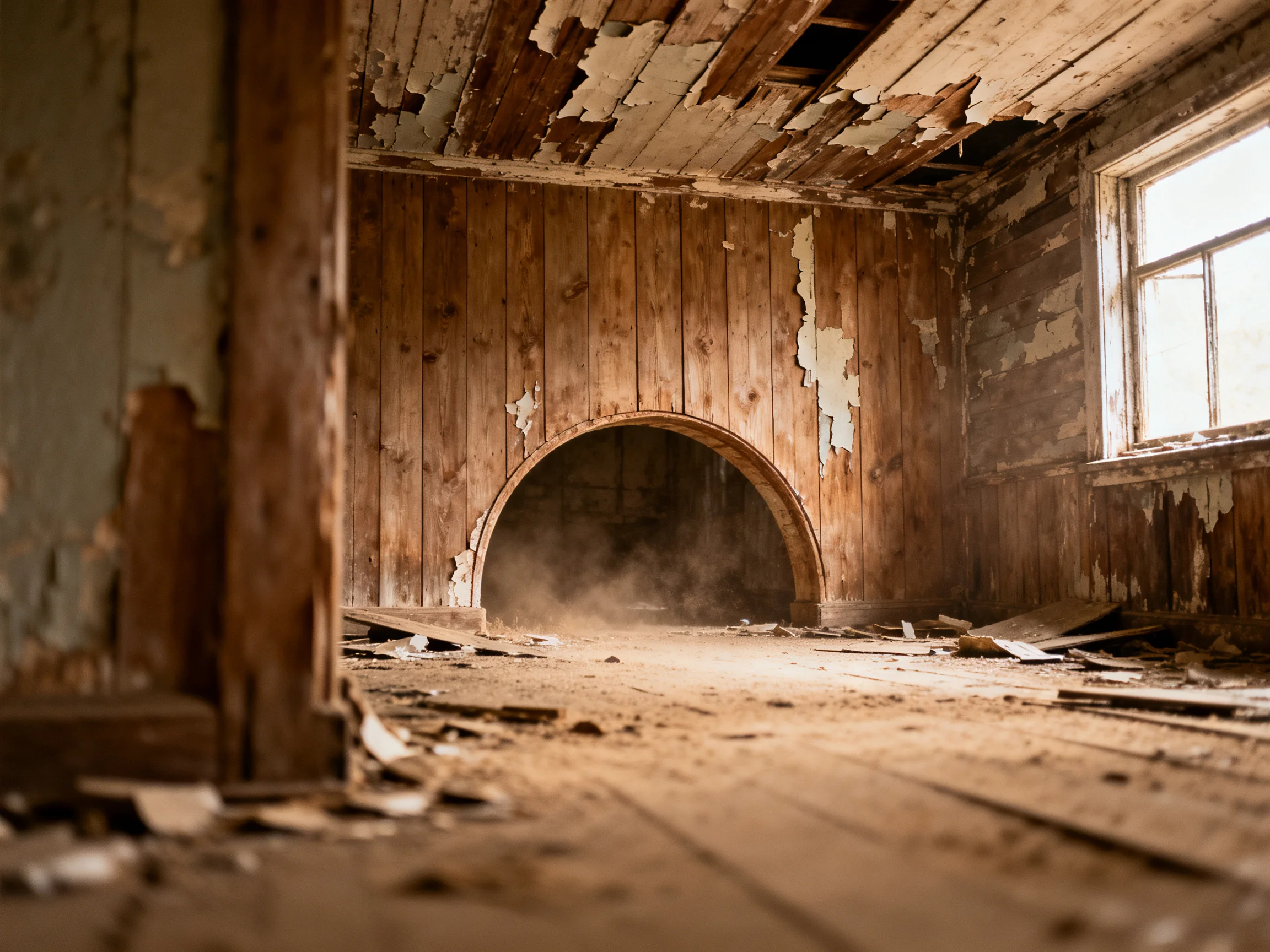 An abandoned wooden room with peeling walls and dusty archway
