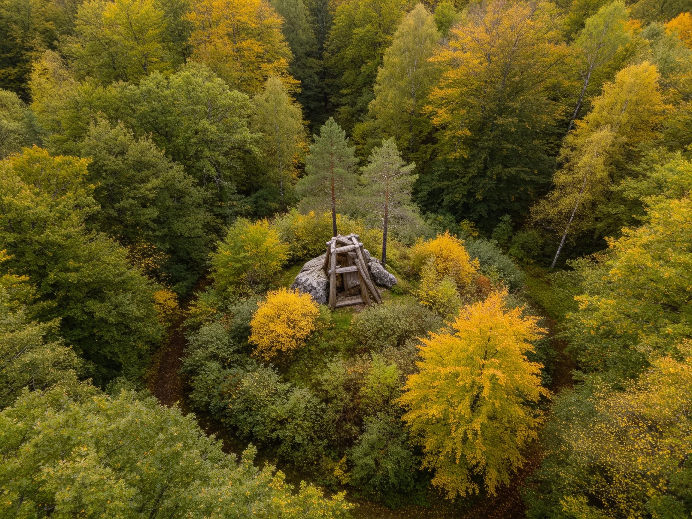 An aerial view of an autumn forest with a wooden structure