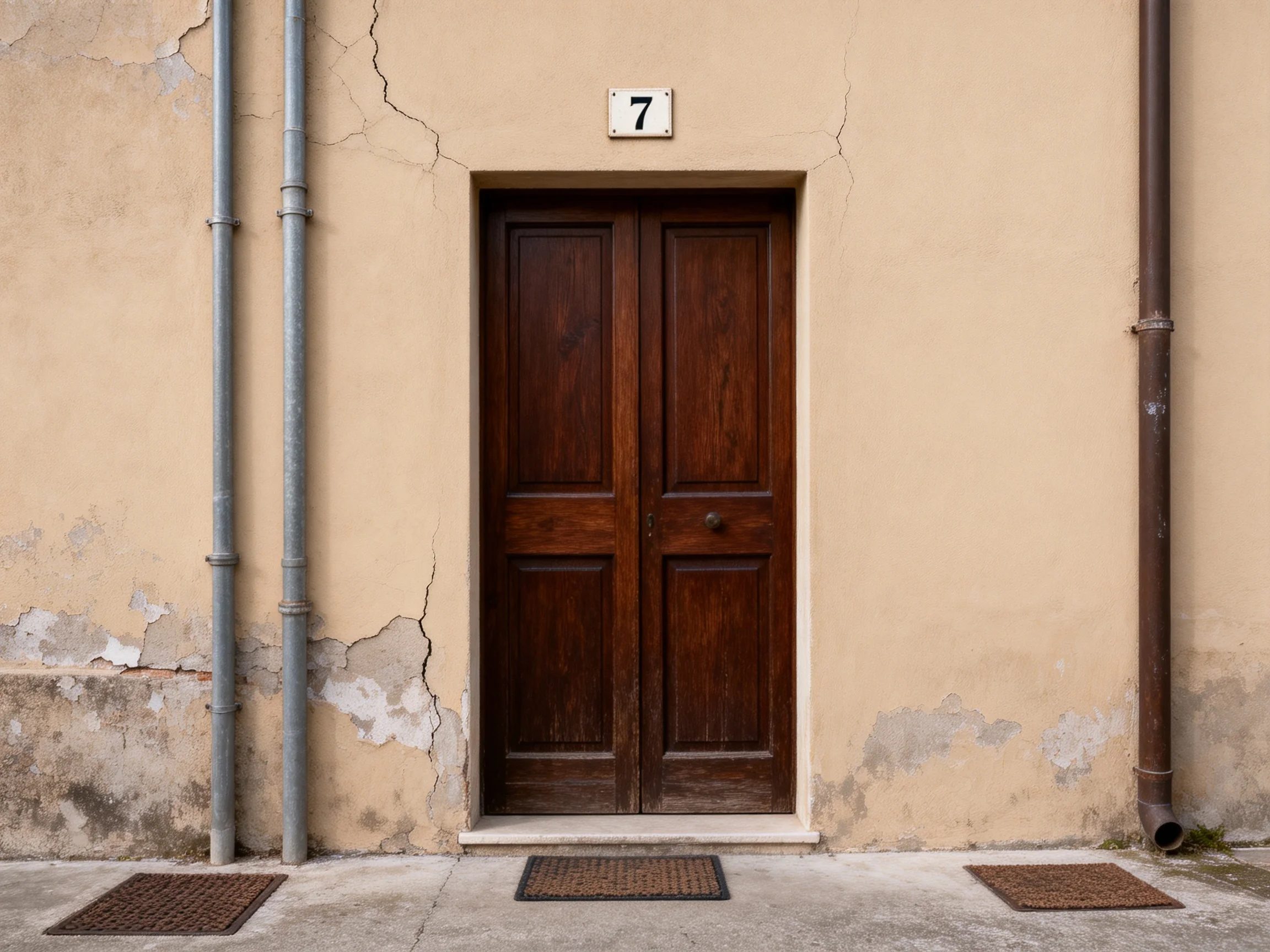 An aged beige wall with cracked surface holds a dark brown wooden double door