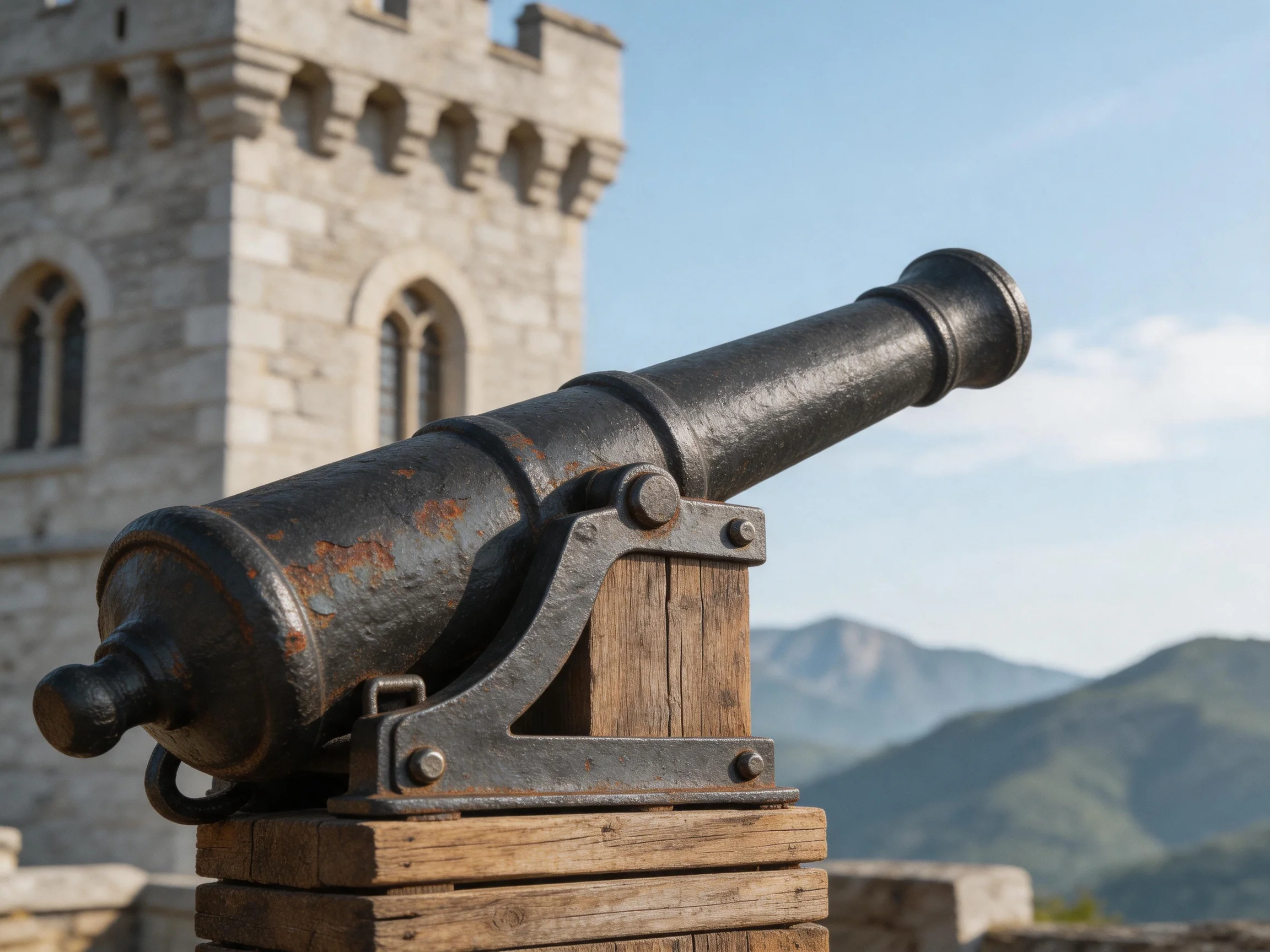 An aged black cannon sits before a gray stone castle tower with distant mountains