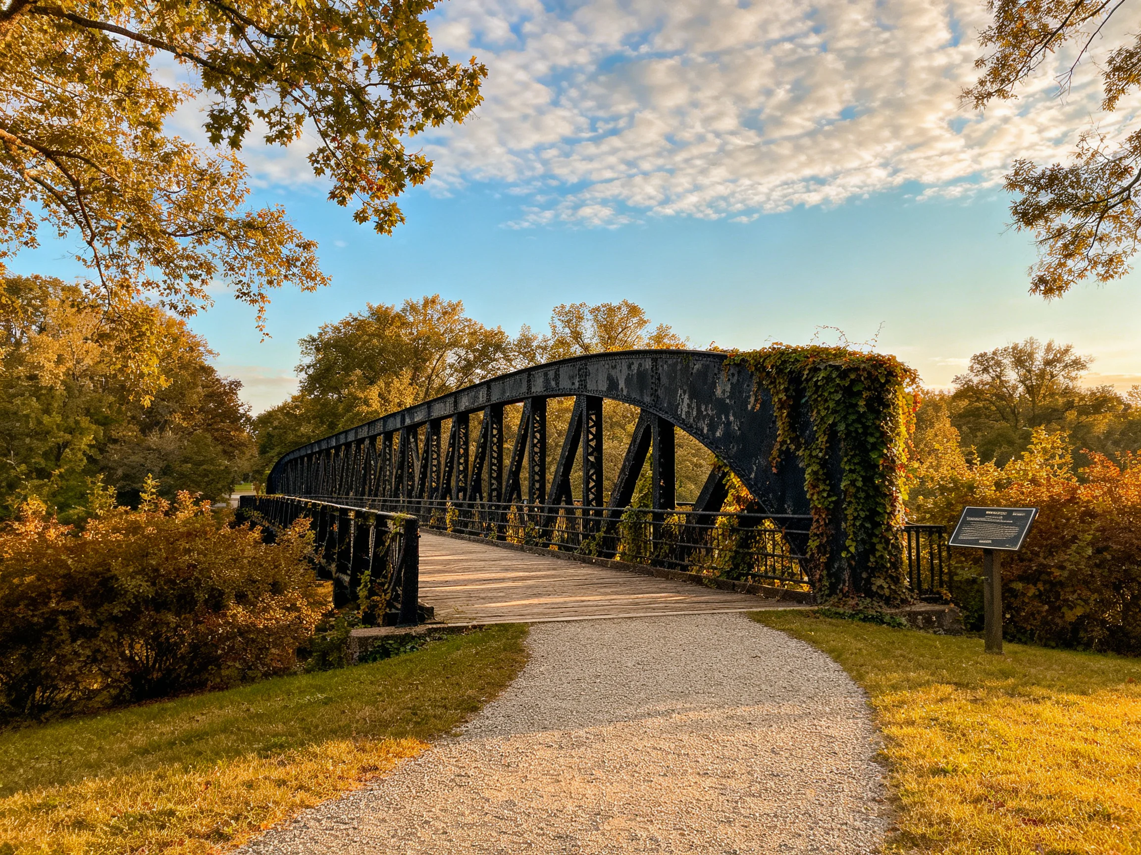 An aged black metal bridge spans a gravel path amid golden autumn foliage