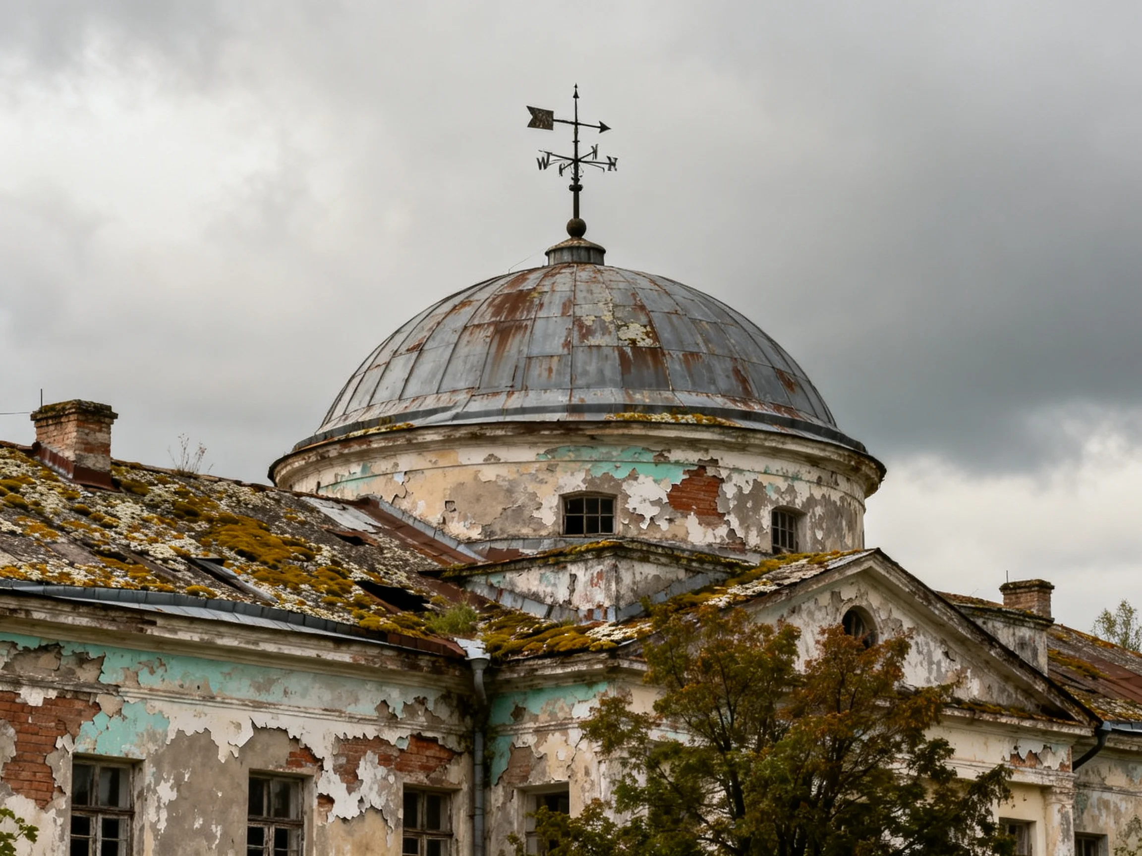 An aged, domed building with peeling paint and moss-covered roofs