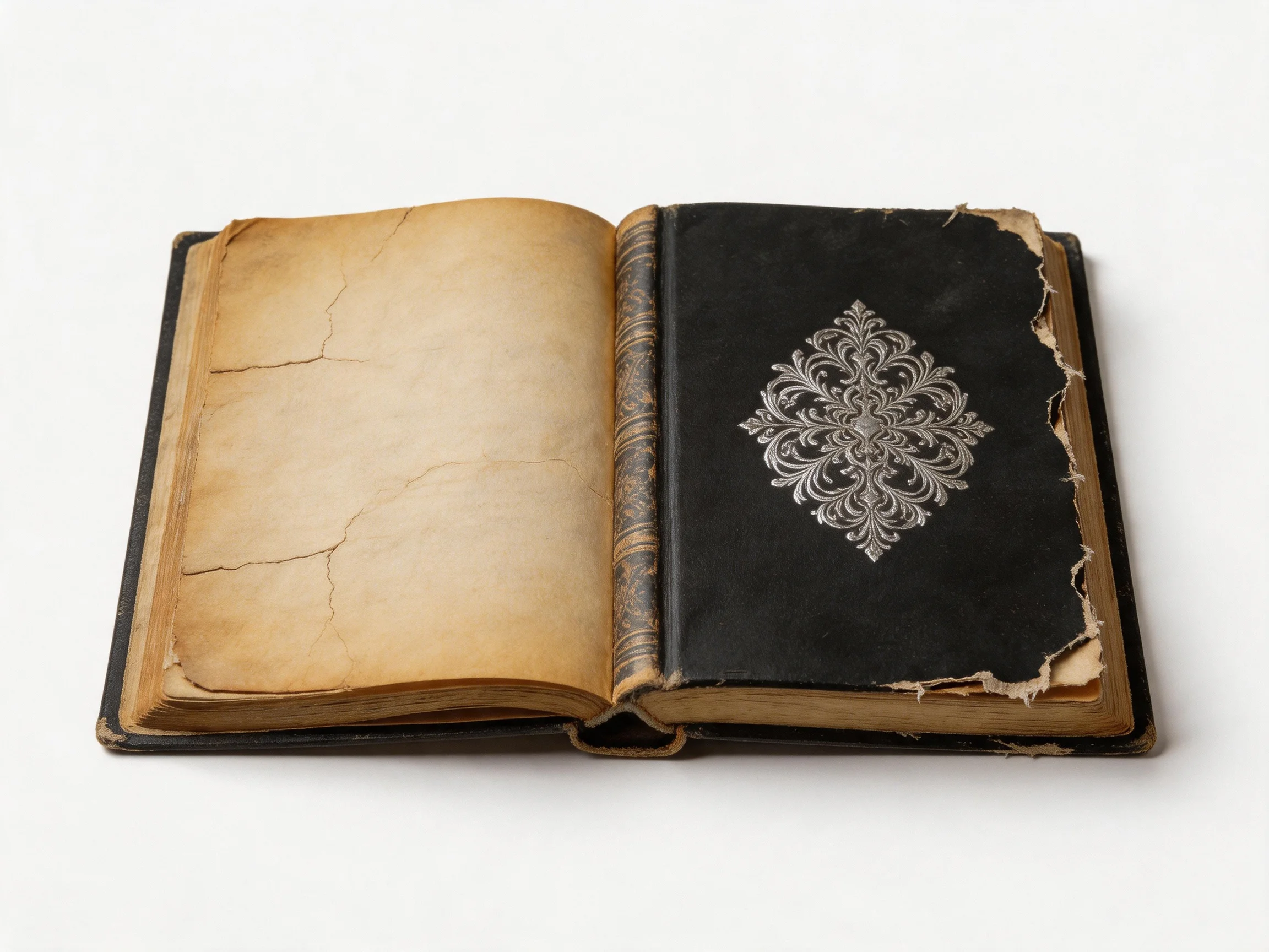 An aged hardcover book with cracked pages and ornate black cover