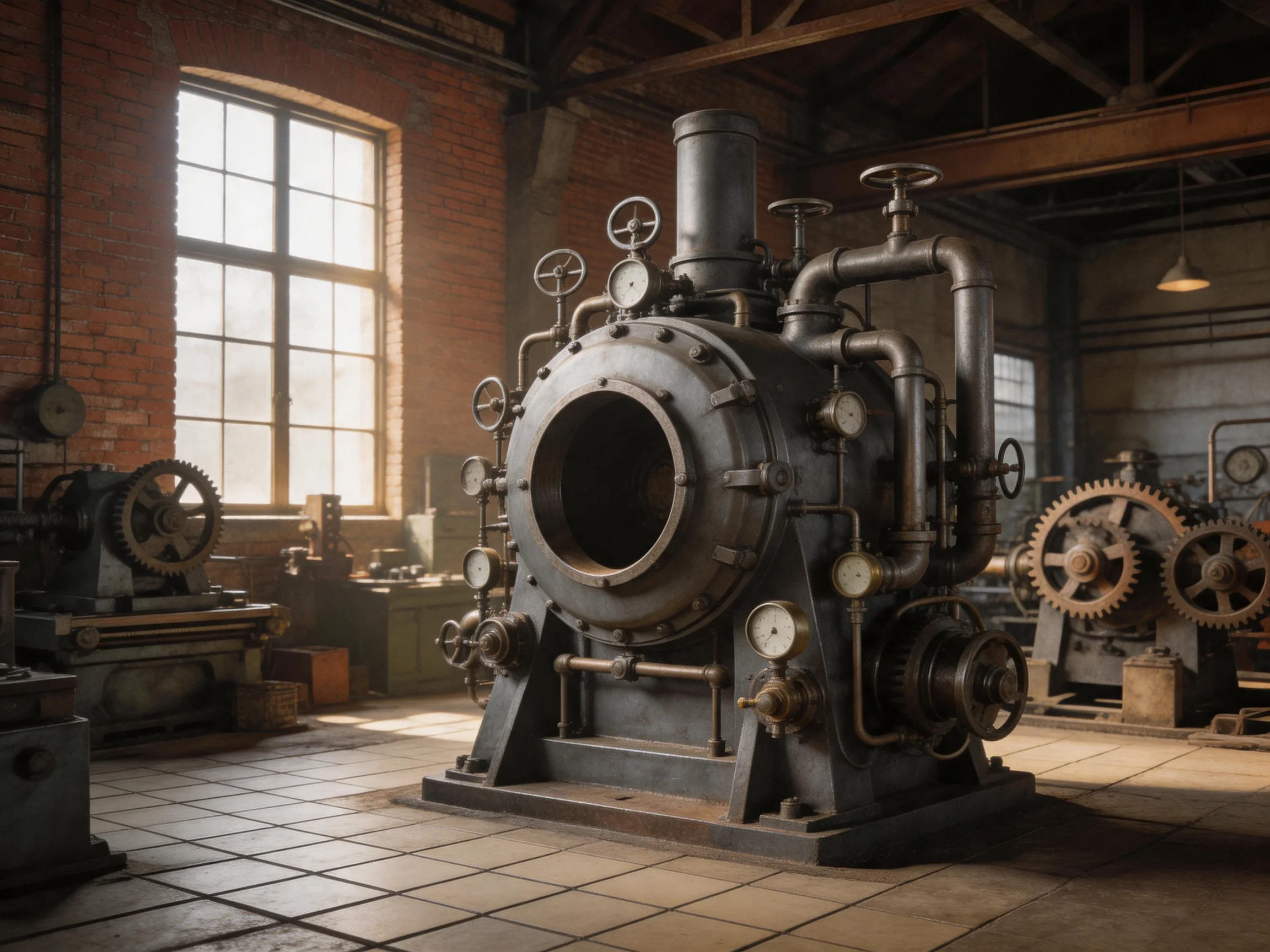 An aged industrial workshop with a large central metal machine