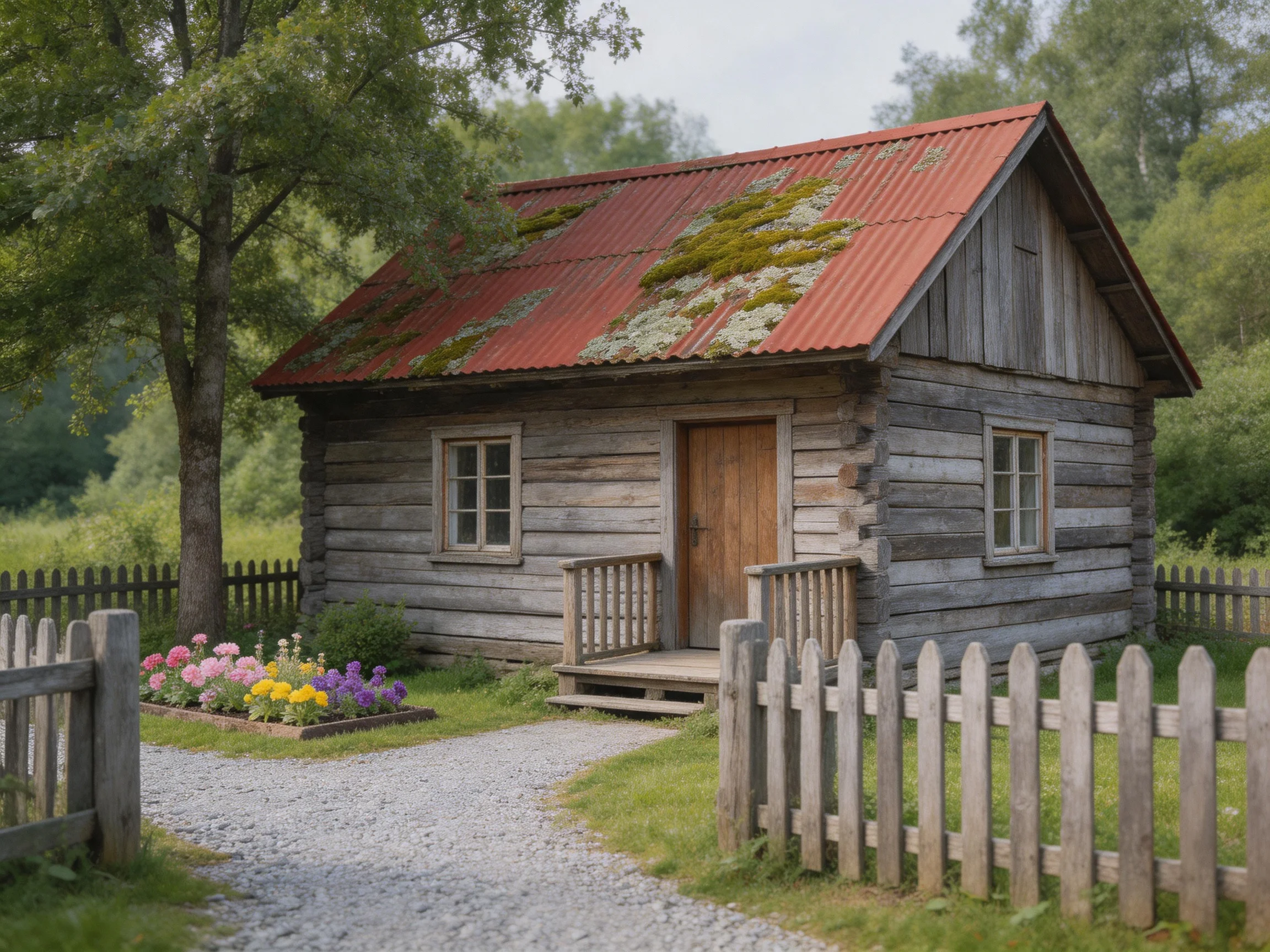 An aged log cabin with a rusted red roof near vibrant flower beds