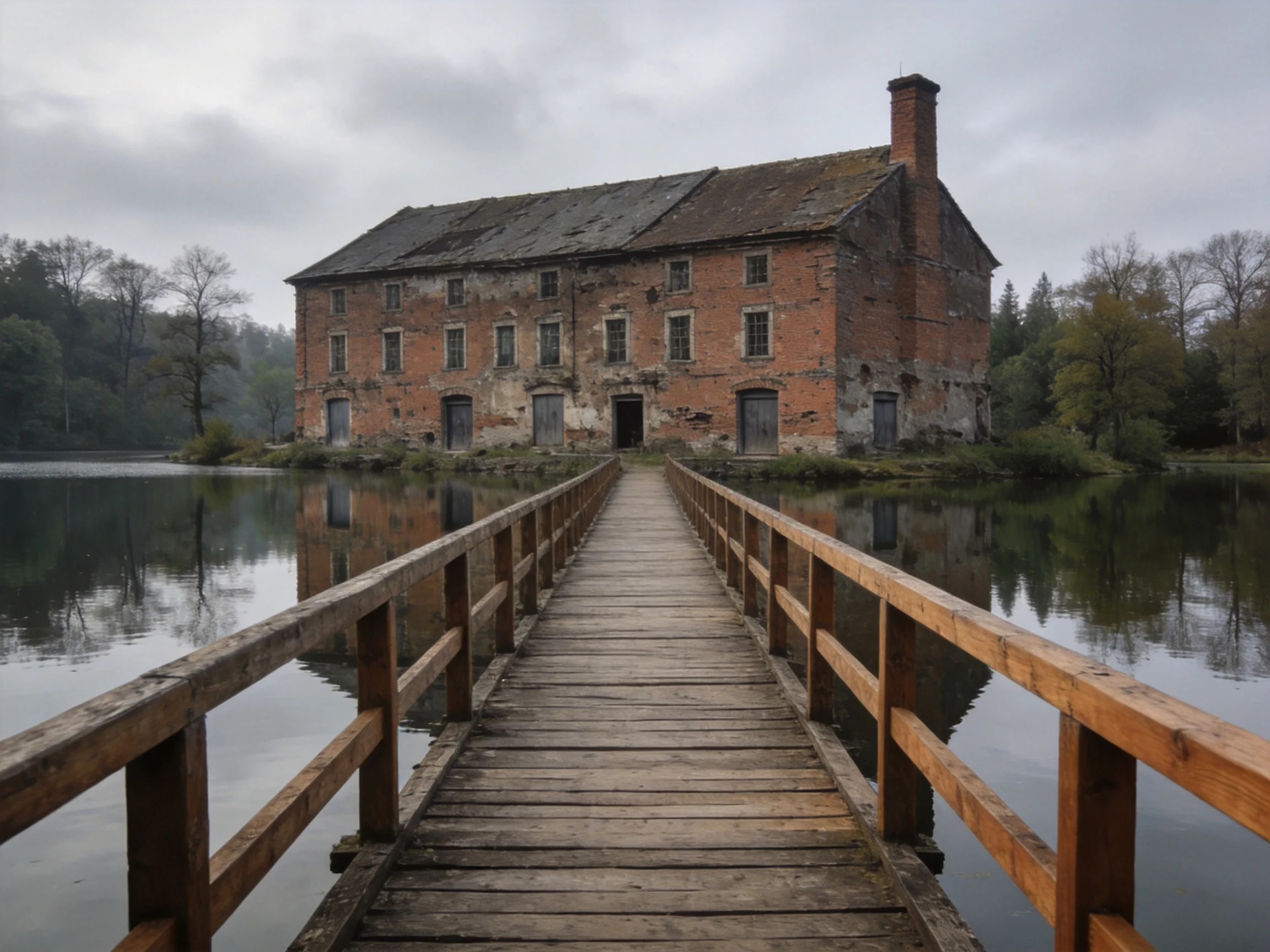 An aged red-brick mill by a serene waterway with a wooden bridge