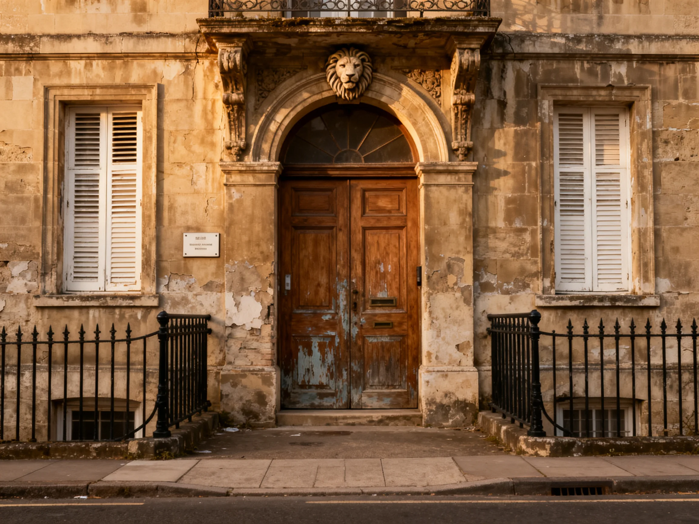 An aged stone building with a weathered wooden double door and lion emblem