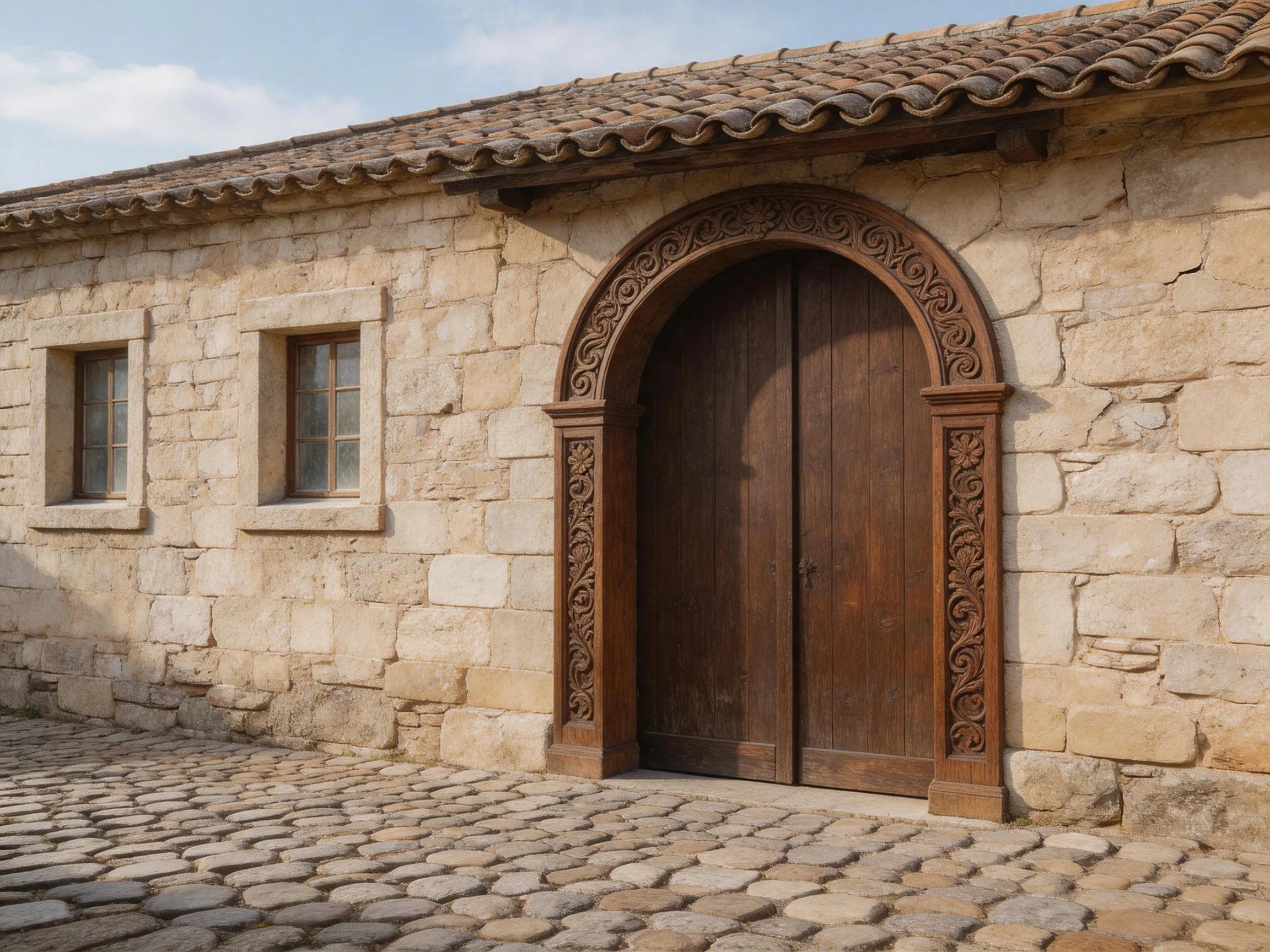 An aged stone building with ornate wooden arched doorway