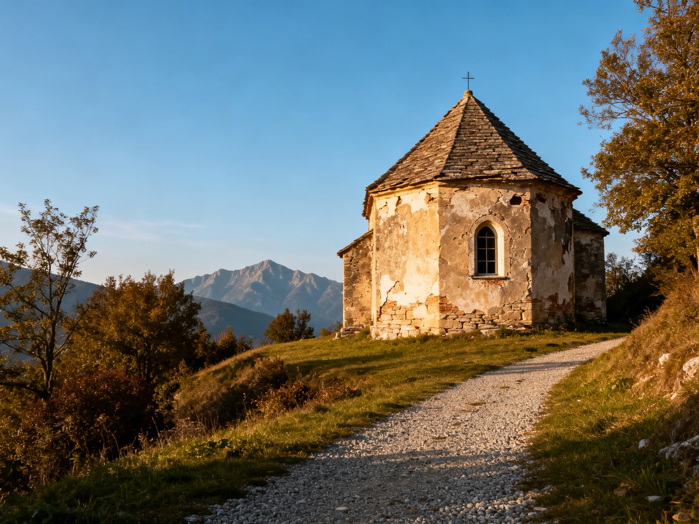 An aged stone chapel sits atop a grassy hillside near distant mountains
