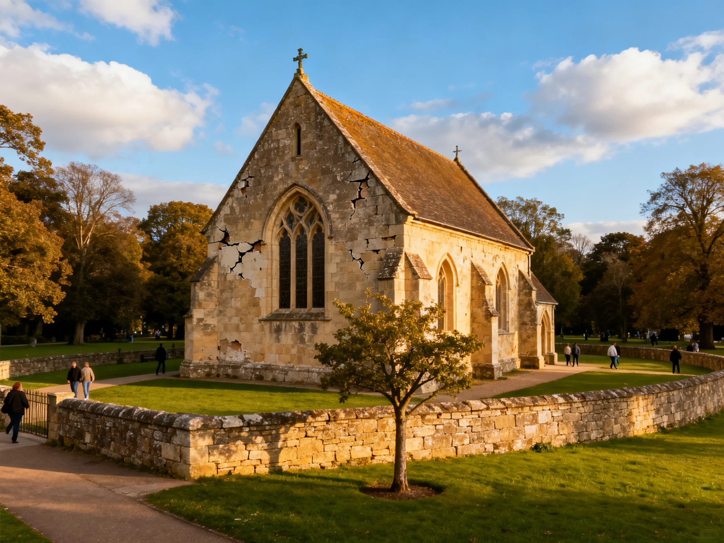 An aged stone chapel with cracked walls amidst autumn trees under sunny skies