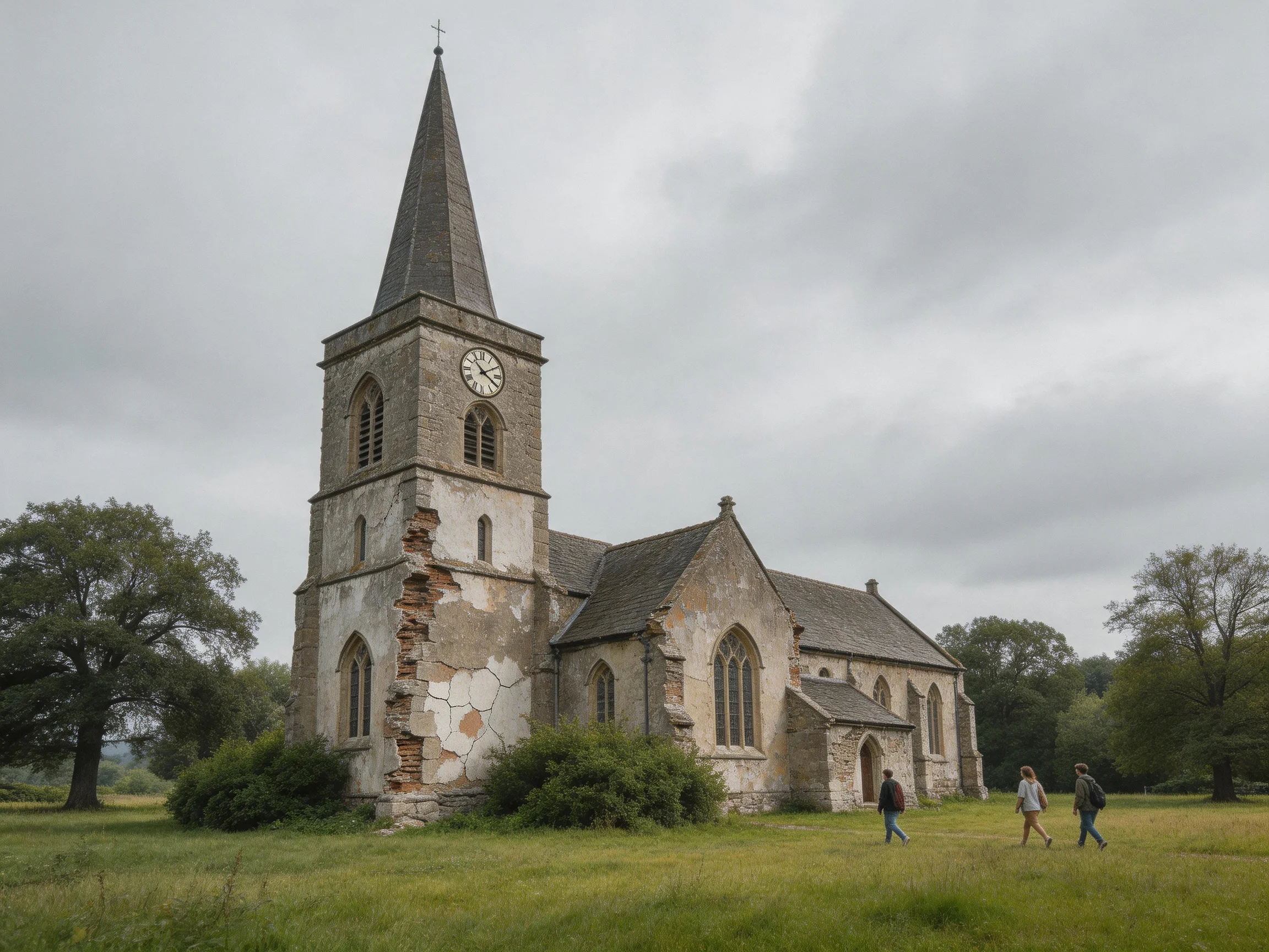 An aged stone church with a clock tower sits amid a green meadow