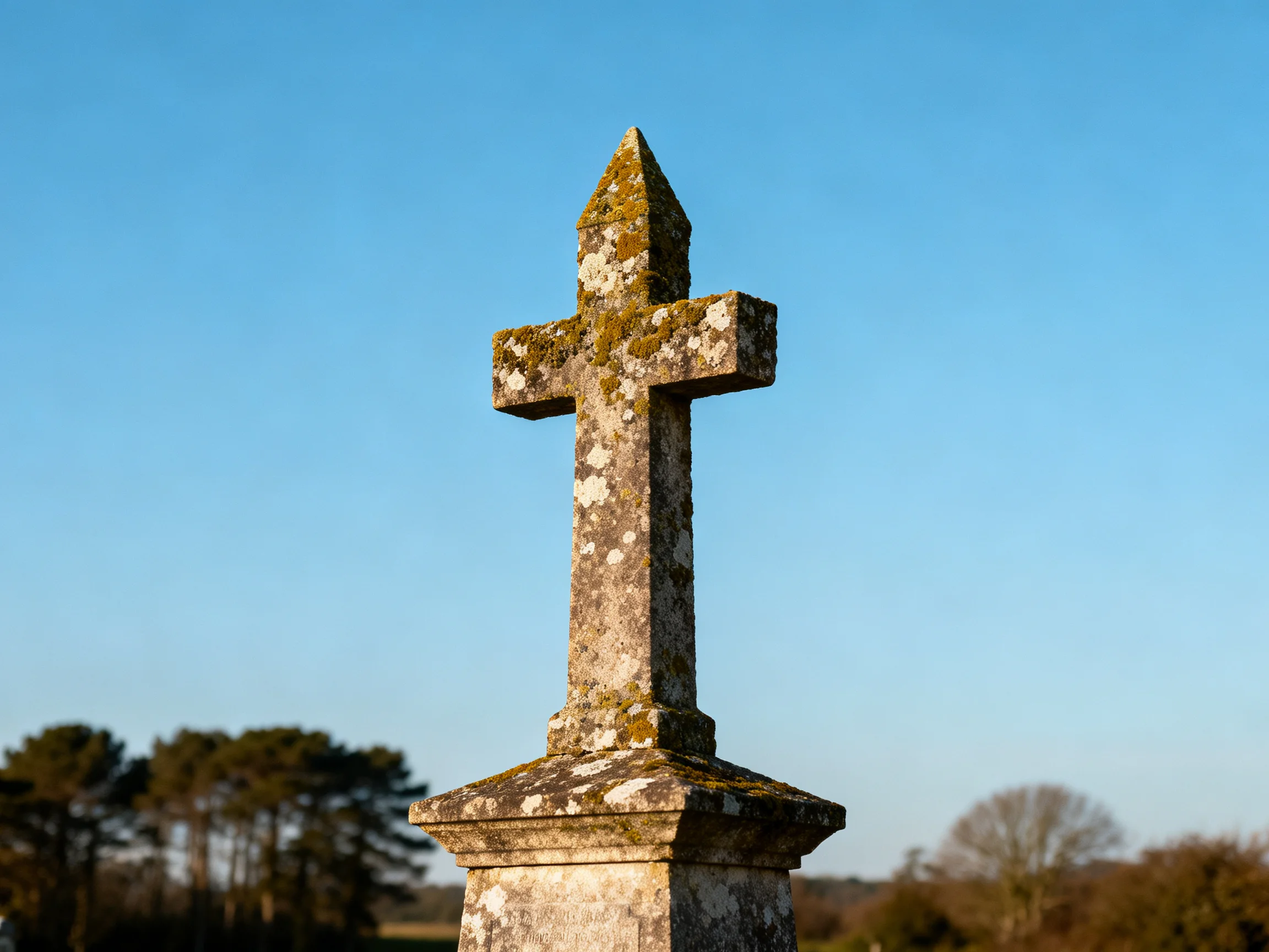 An aged stone cross with moss growth under a clear blue sky