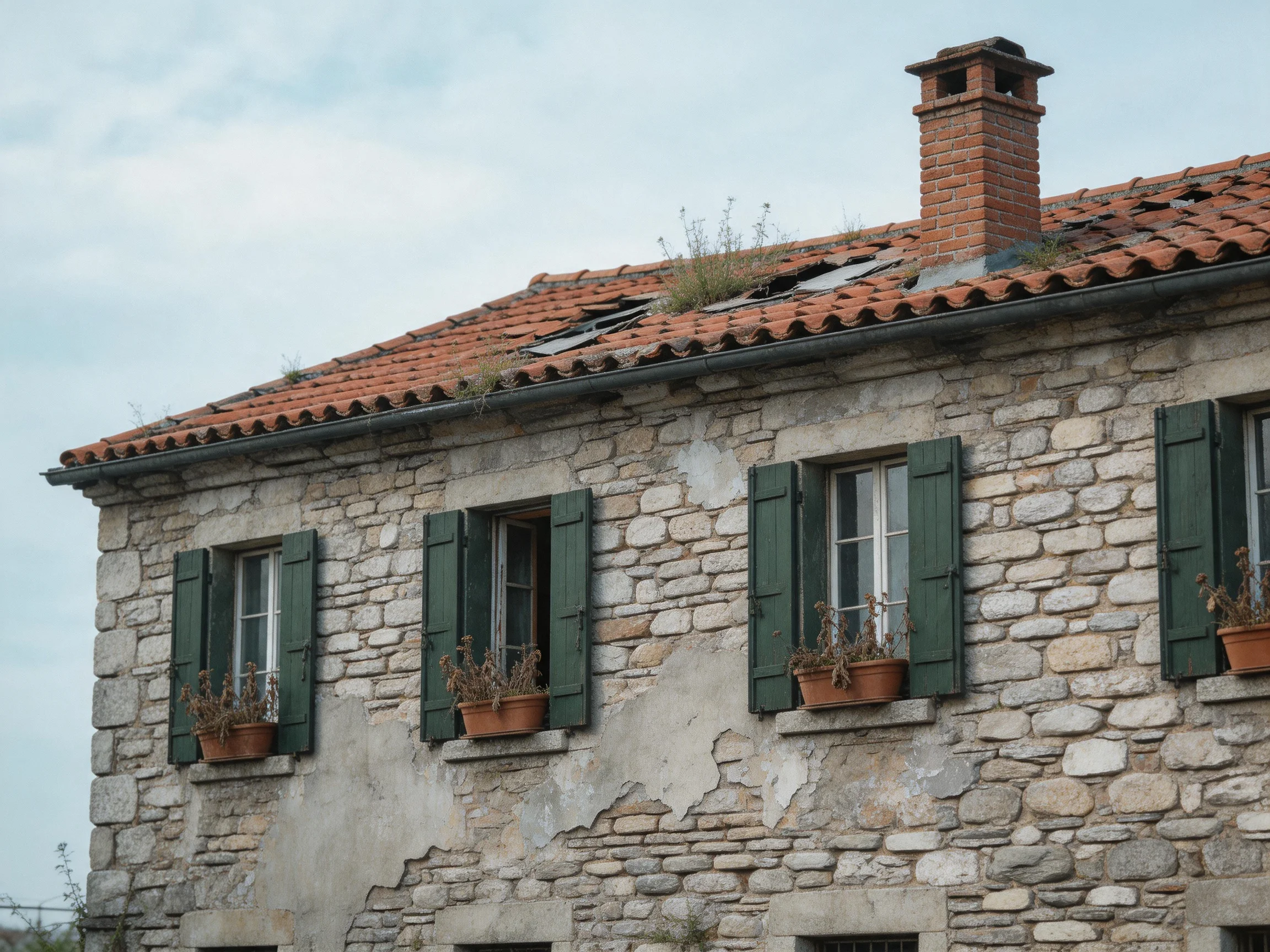 An aged stone house with green shutters and brick chimney
