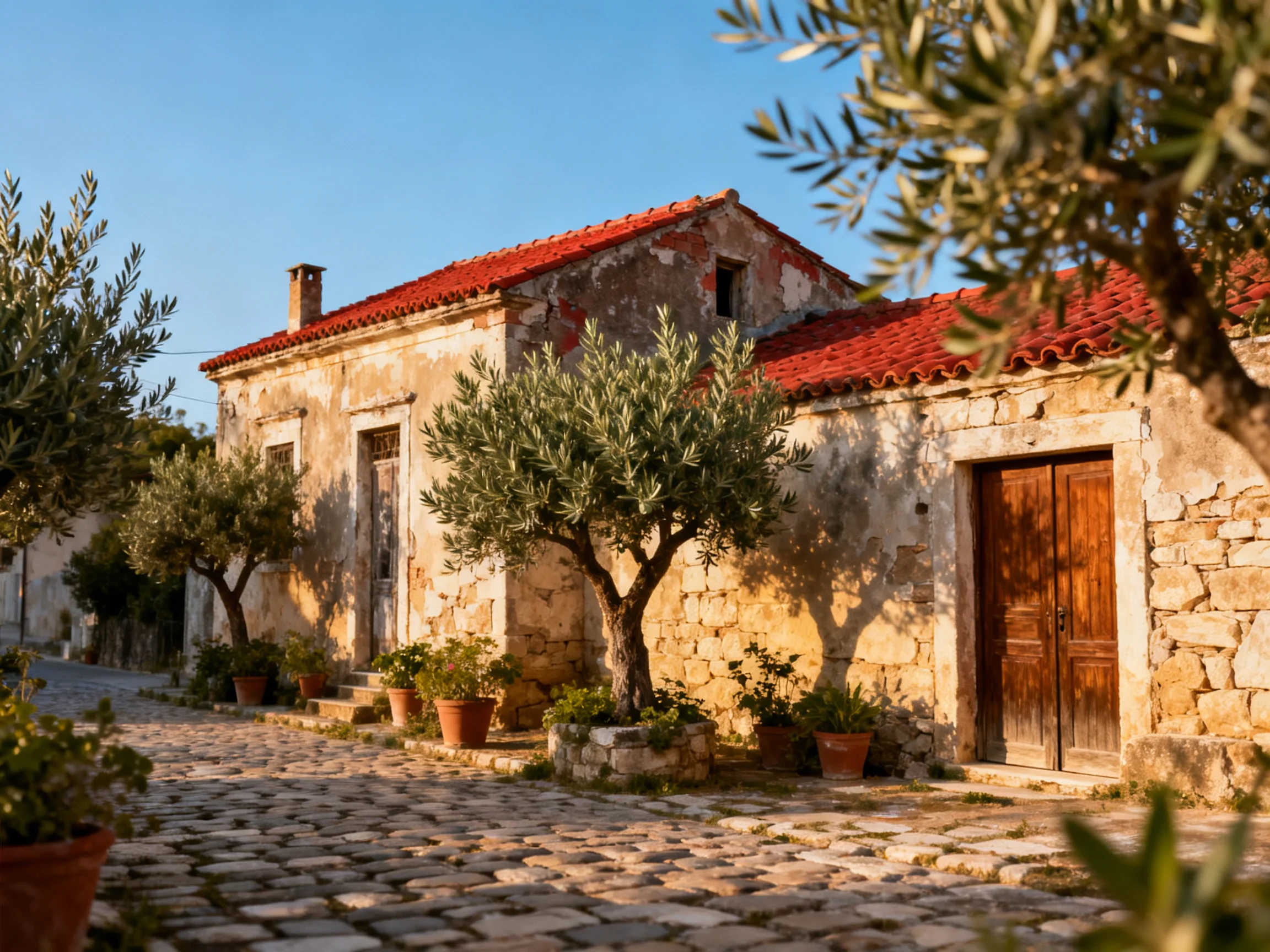 An aged stone house with red tile roofs near olive trees