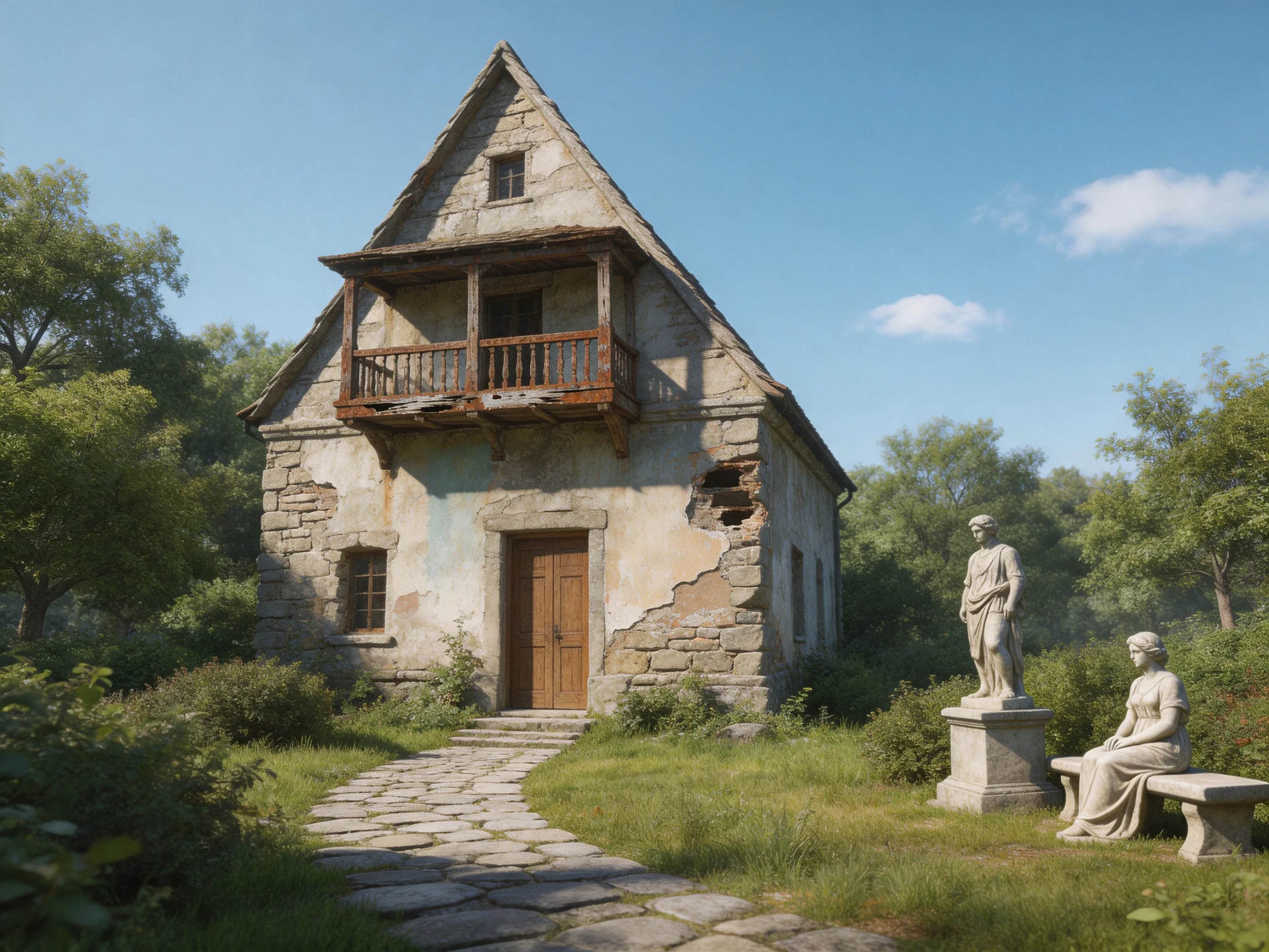 An aged stone house with two statues amidst lush greenery