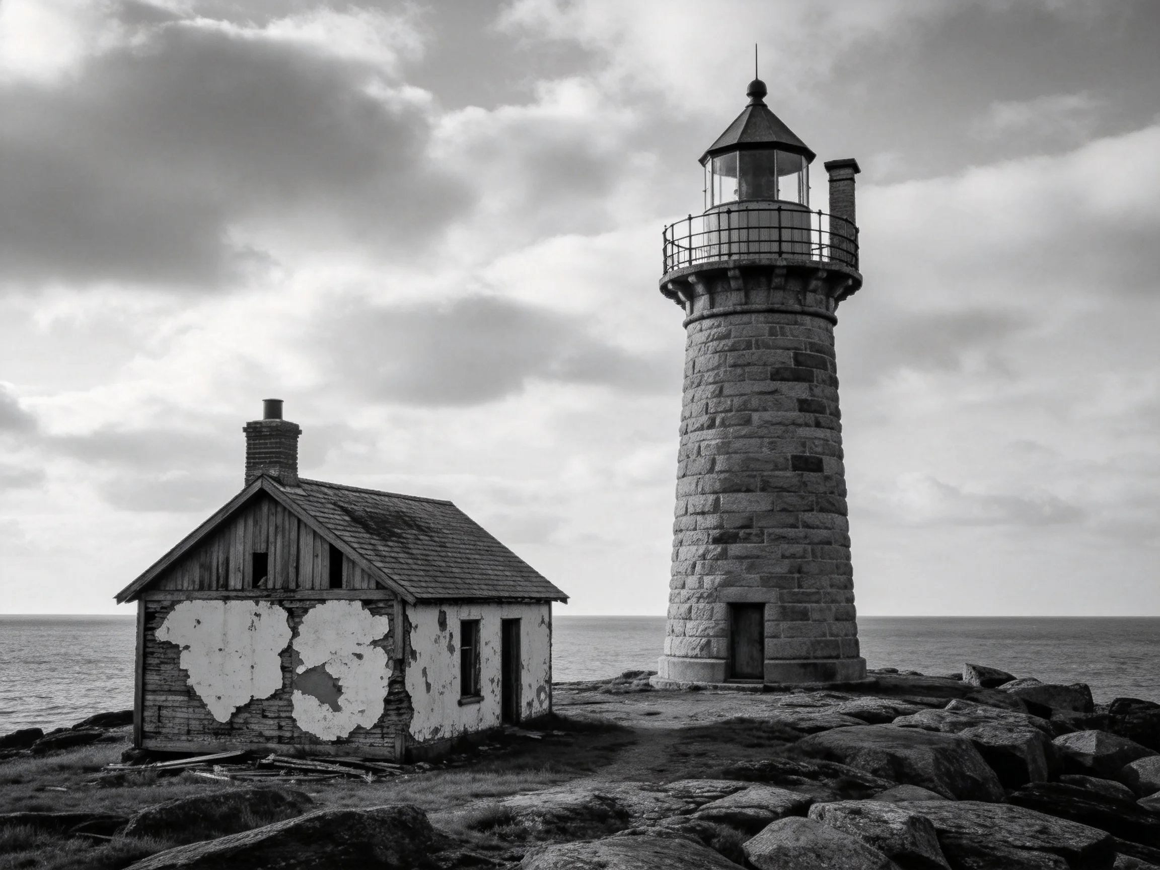An aged stone lighthouse stands beside a weathered wooden cottage by the rocky shore