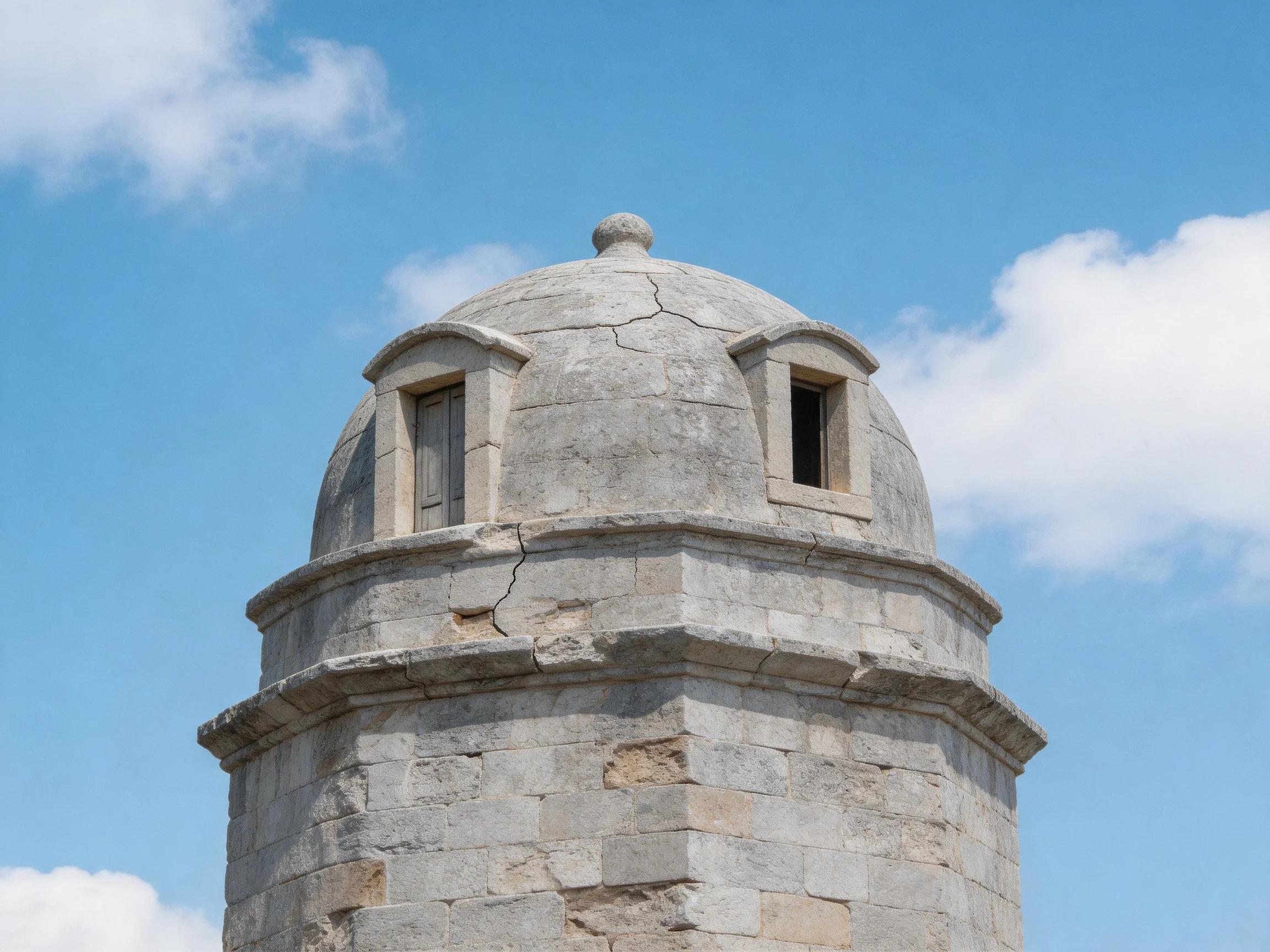 An aged stone tower with a domed roof under clear blue skies