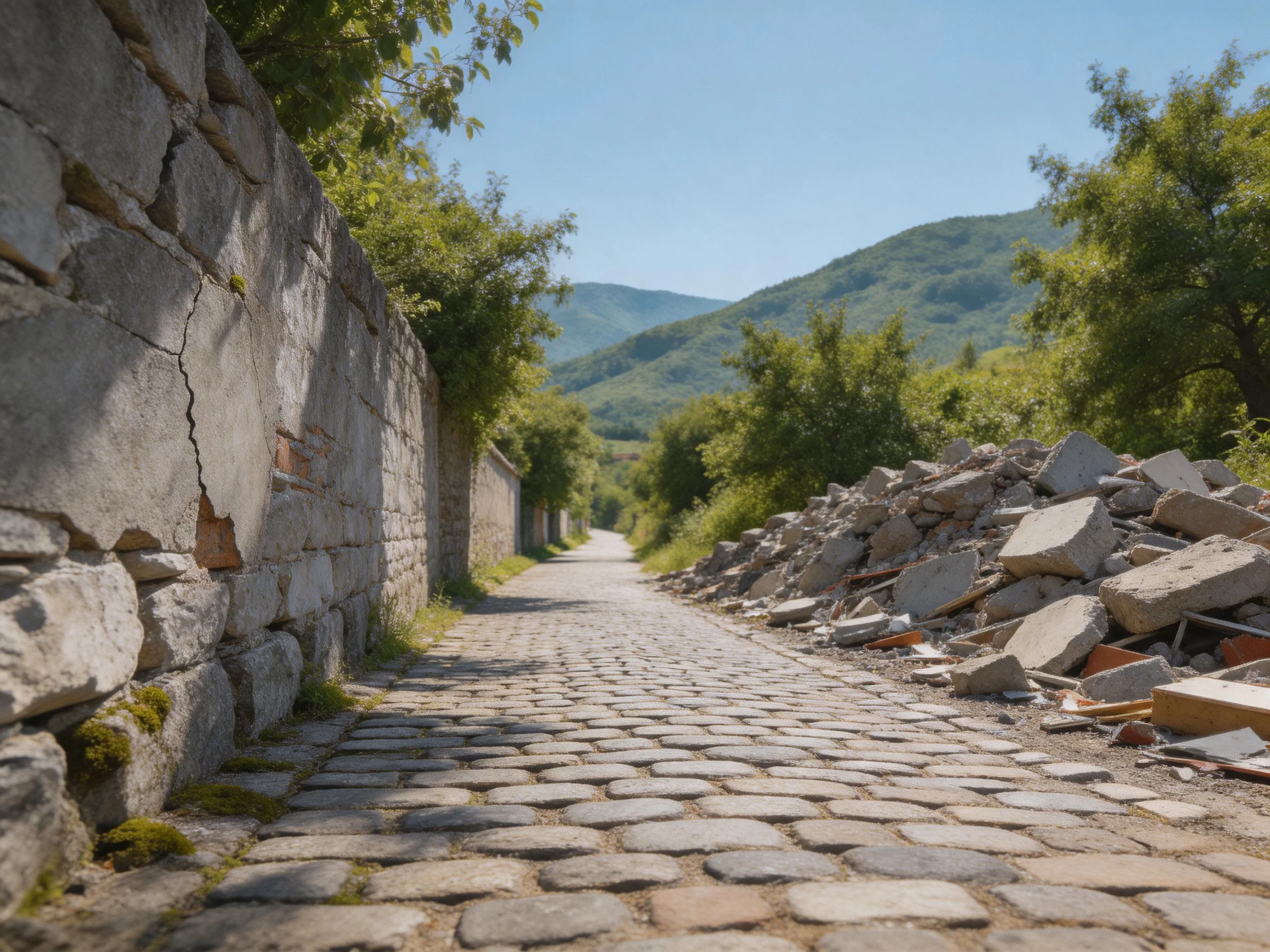 An aged stone wall beside a cobblestone path with rubble piles