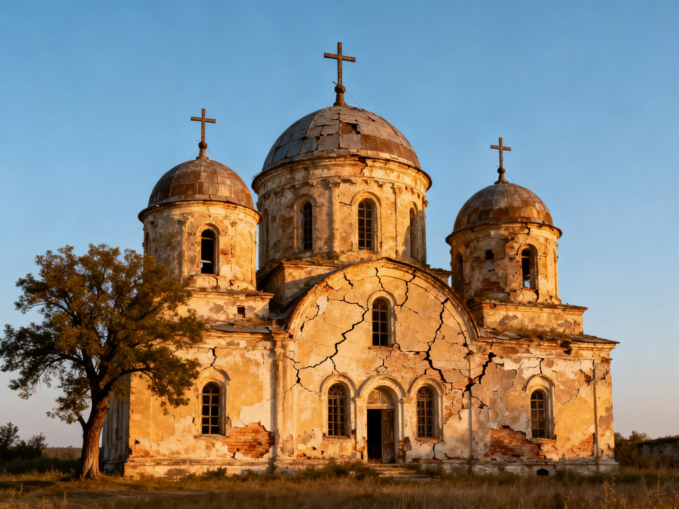 An aged, three - domed church with cracked walls under golden light