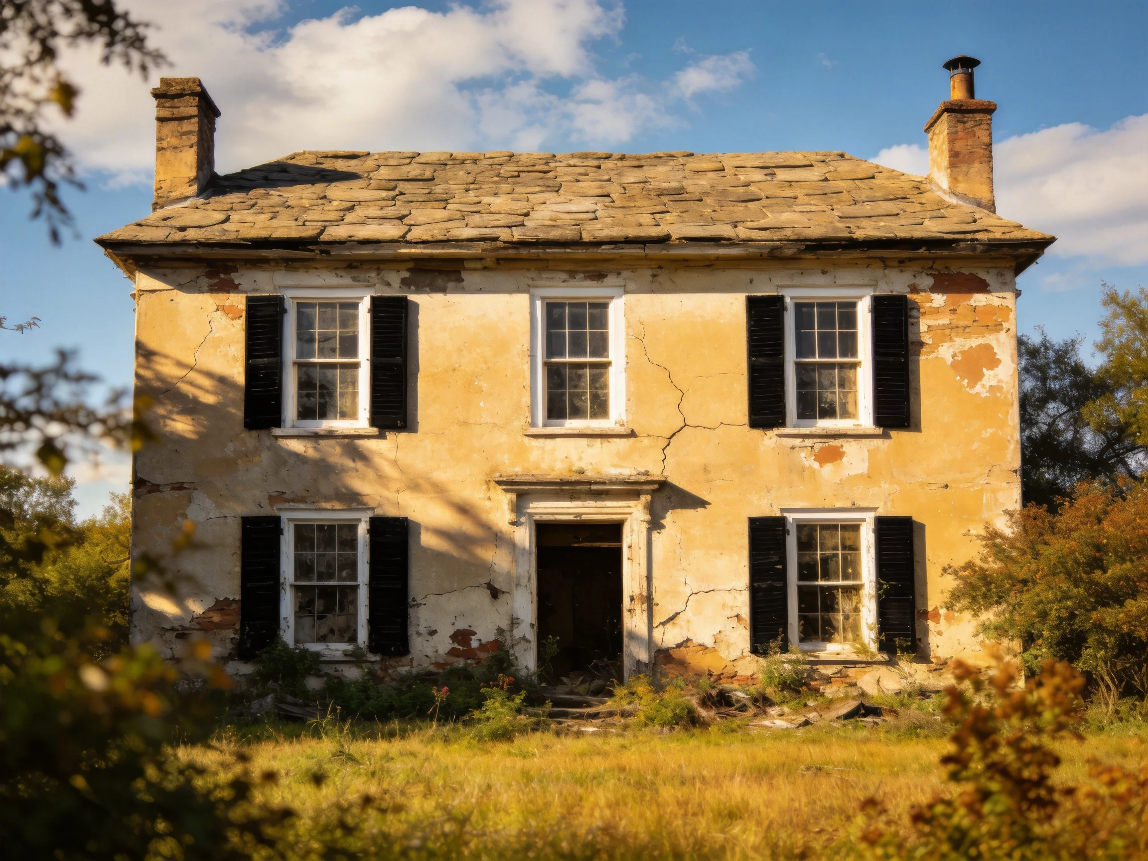 An aged two-story yellow house with black shutters and stone roof