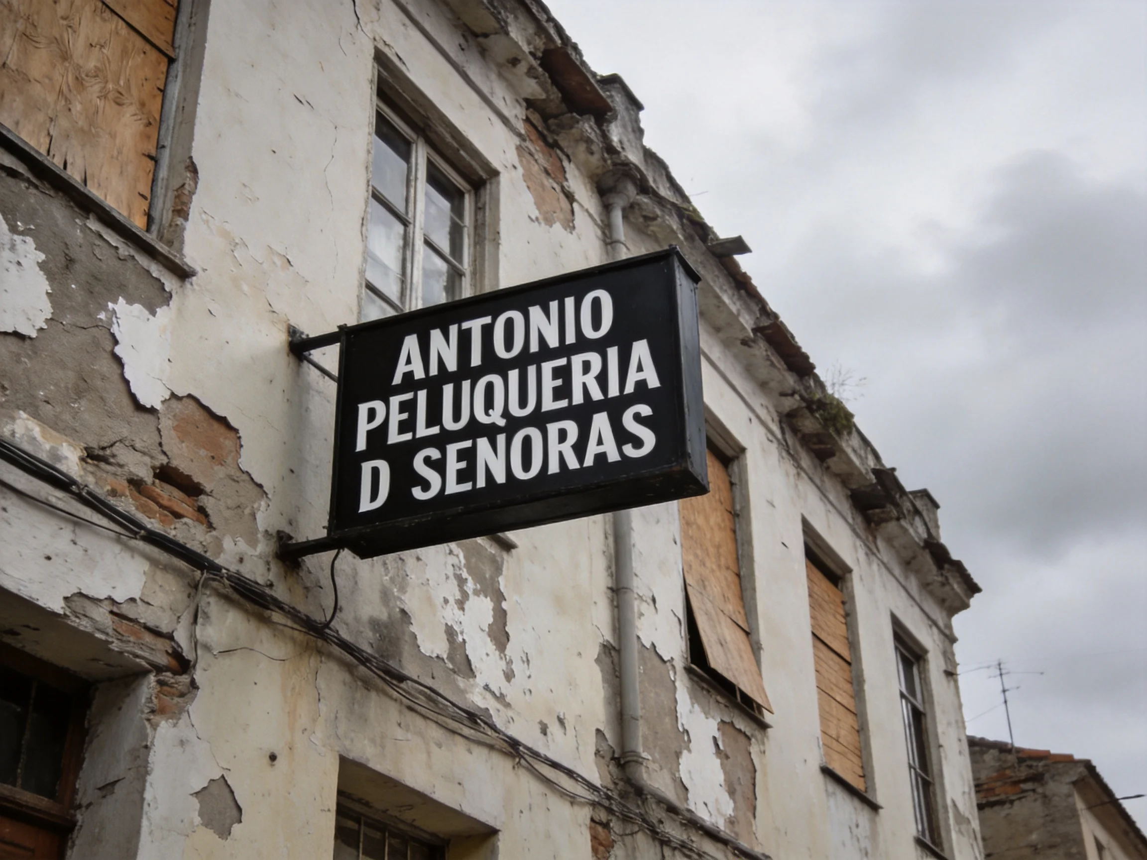 An aged white building with a black sign for Antonio Peluqueria D Senoras