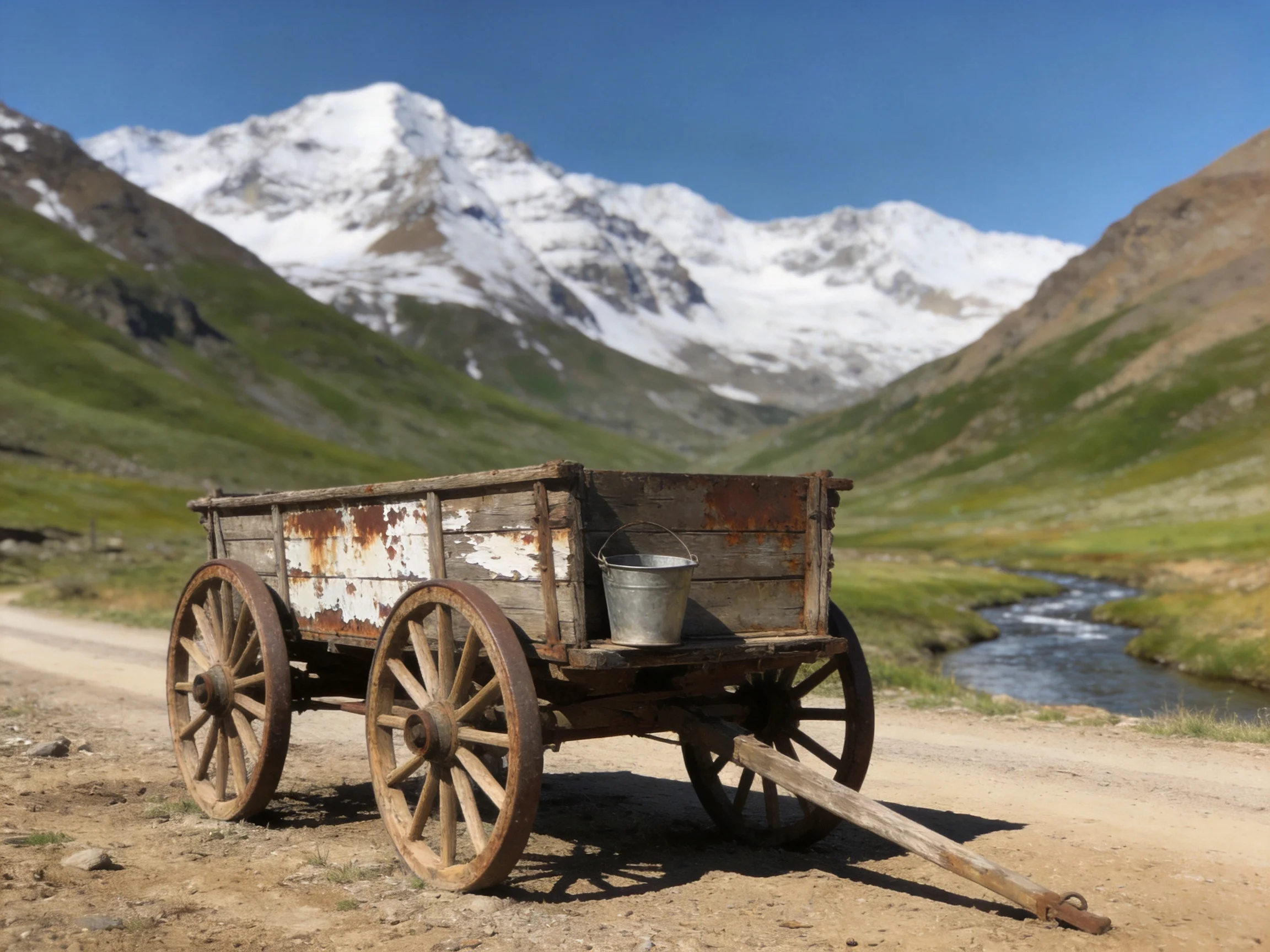An aged wooden cart rests near a stream with snow - capped mountains