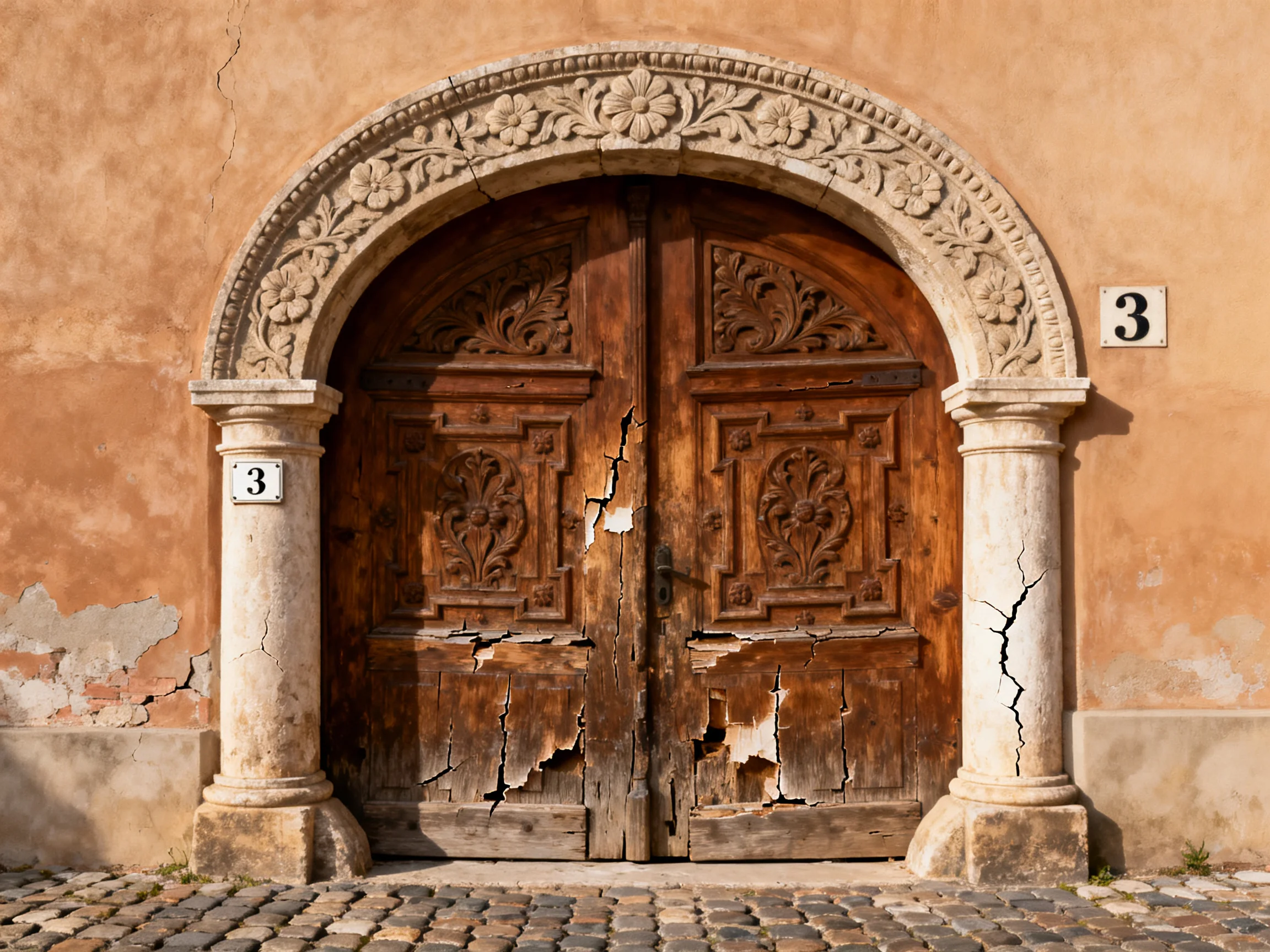 An aged wooden double door with ornate stone arch and cracked panels