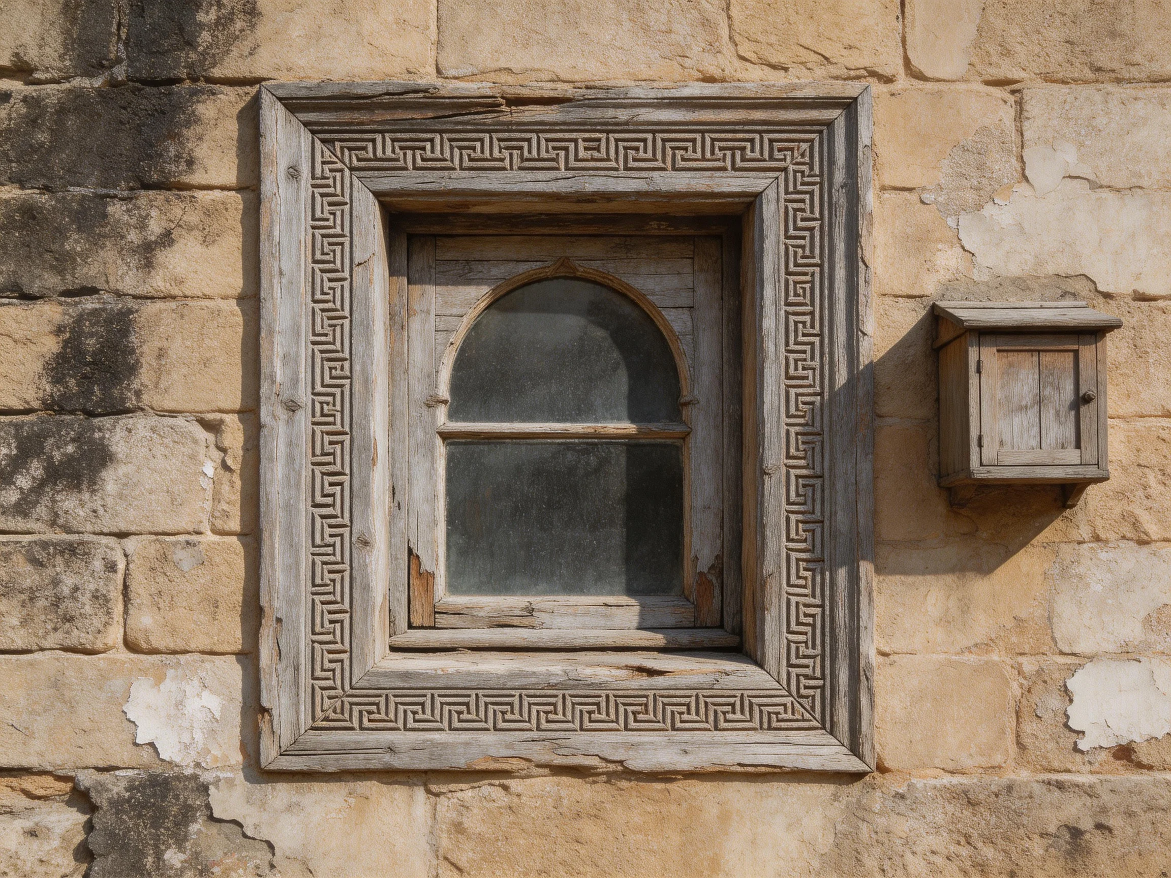 An aged wooden-framed window with decorative border in a weathered stone wall