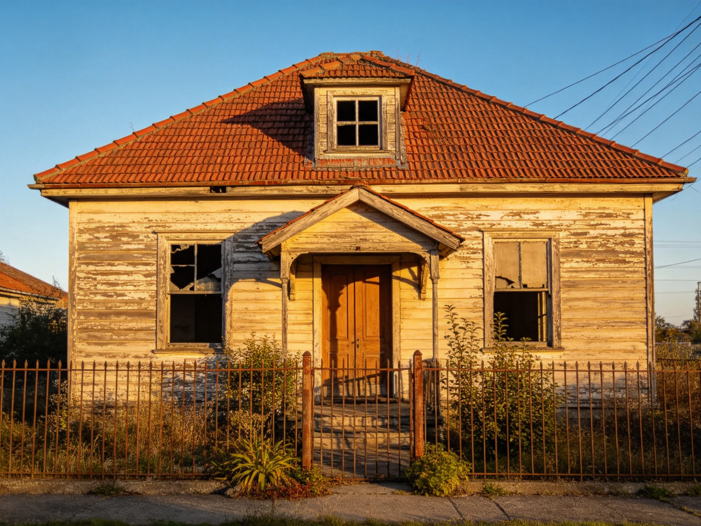 An aged wooden house with peeling paint and red tile roof