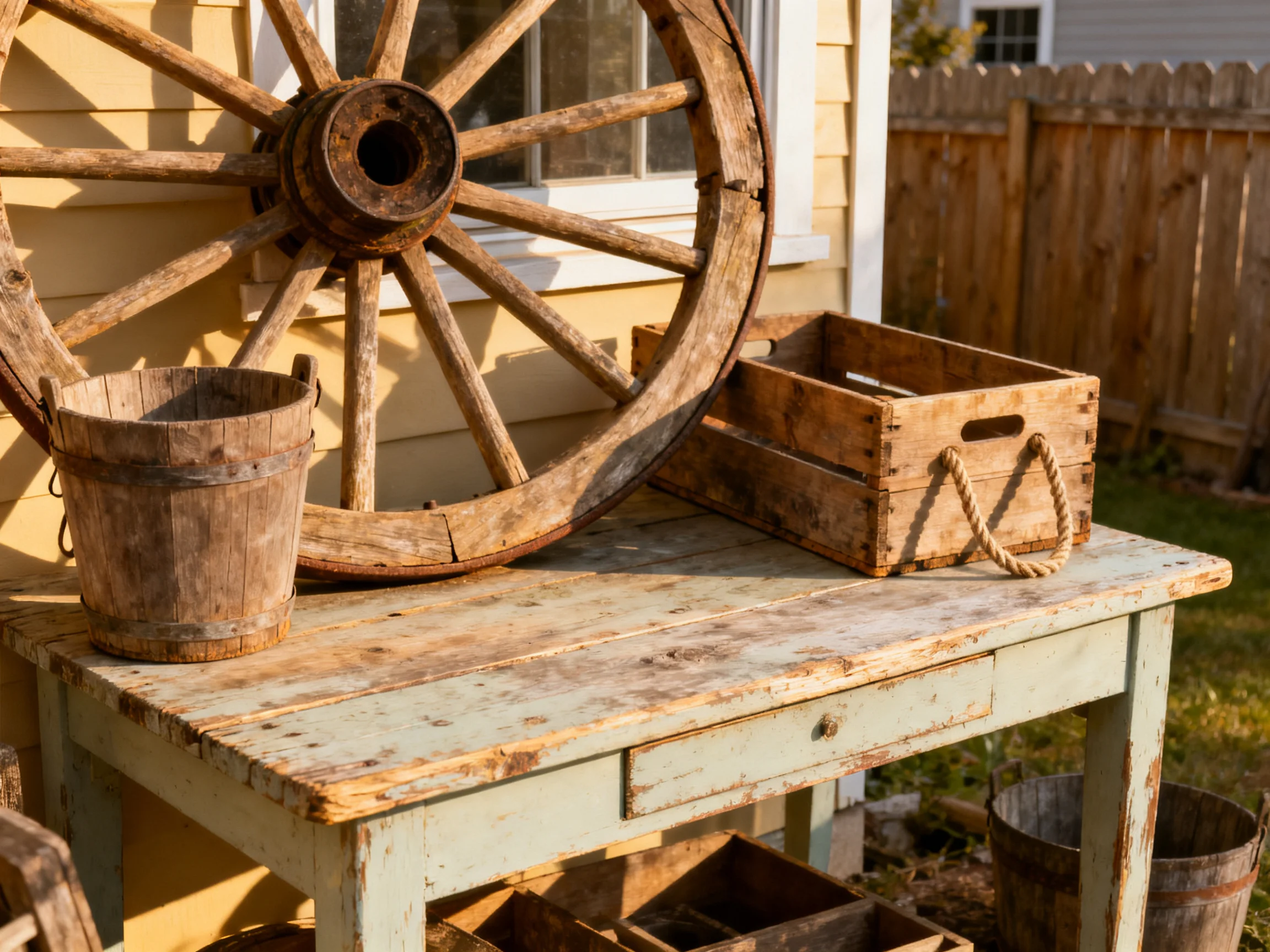 An aged wooden wagon wheel beside weathered buckets and crates