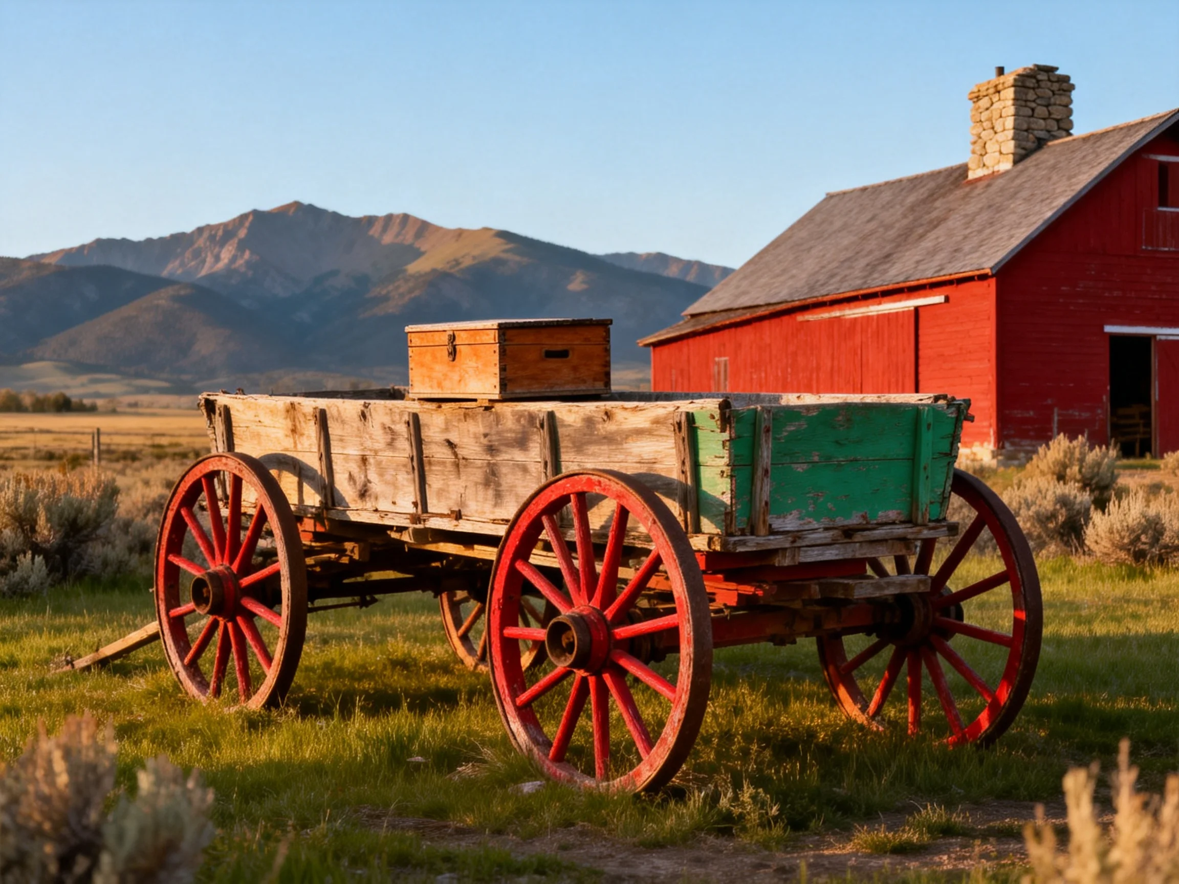 An aged wooden wagon with red wheels near a bright red barn