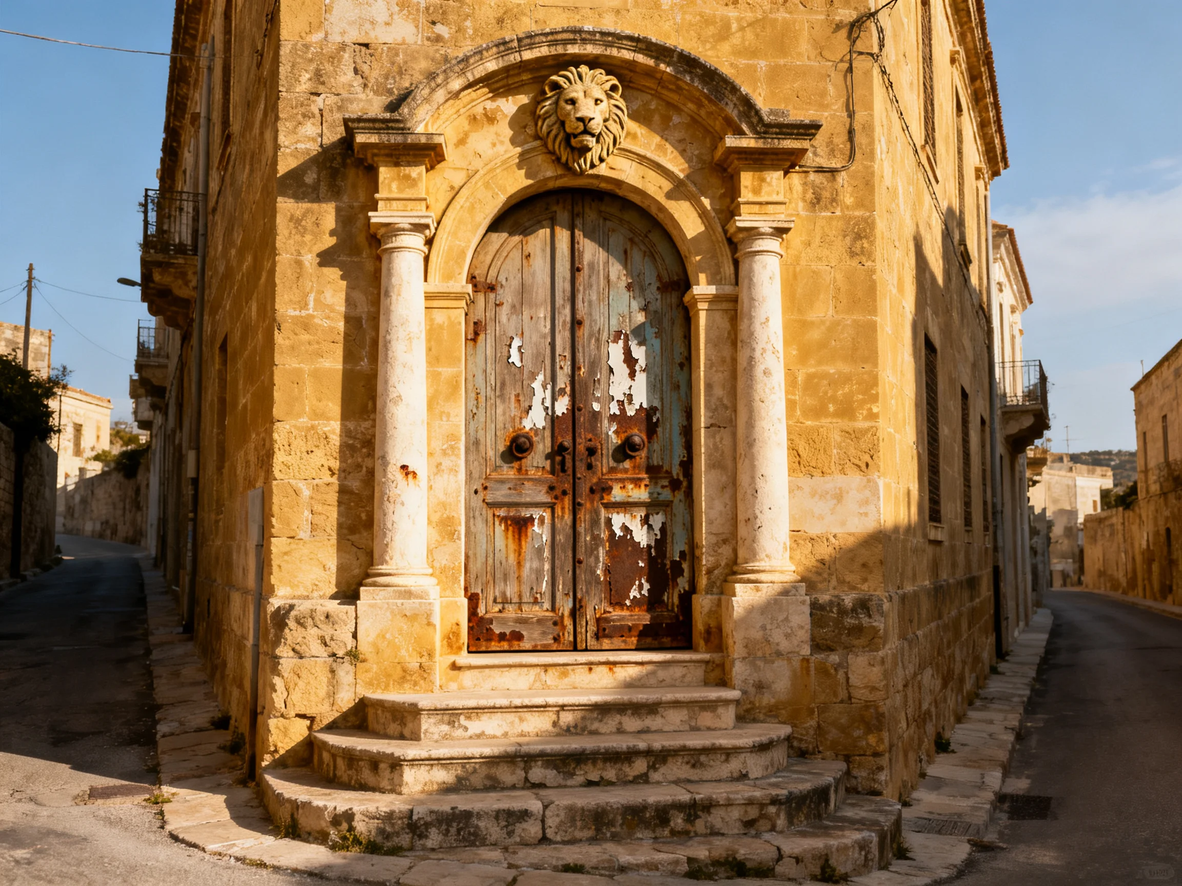 An aged yellow stone building with a weathered wooden door and stone lion